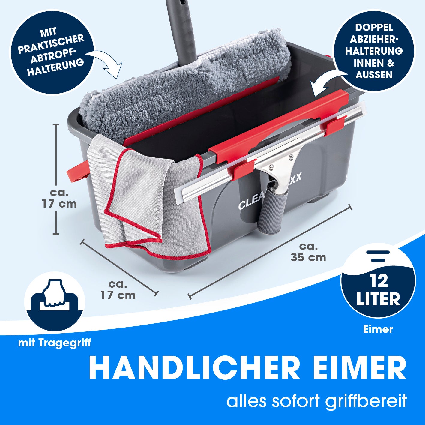 Fensterreiniger - 7-tlg. Set mit handlichem 12 Liter Eimer, Abzieherhalterung und Mikrofasertuch für streifenfreie Reinigung.