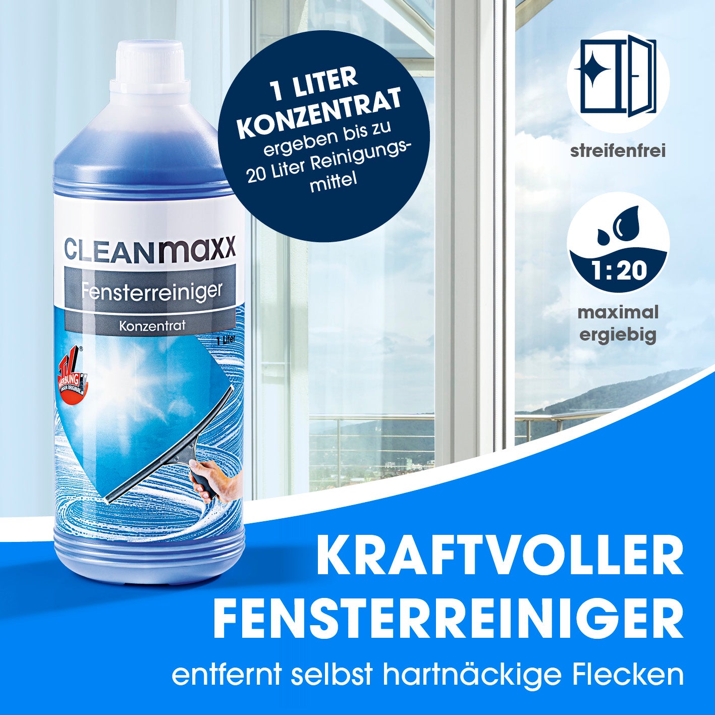 Fensterreiniger - 7-tlg. Set mit Konzentrat für streifenfreie Reinigung und hohe Ergiebigkeit, entfernt hartnäckige Flecken effektiv.