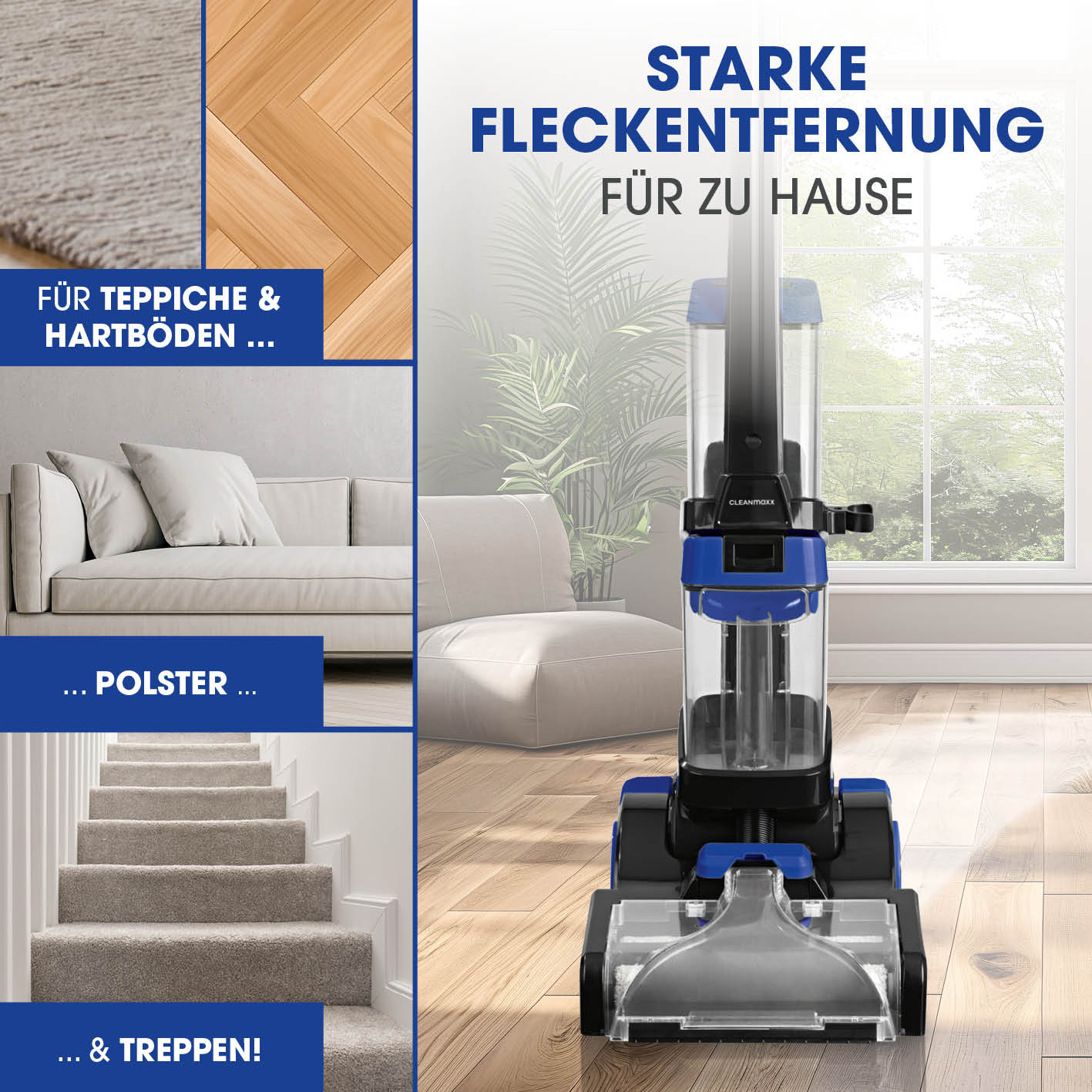 Teppichreiniger Pro+ entfernt Flecken effektiv von Teppichen, Hartböden, Polstern und Treppen für ein sauberes Zuhause.