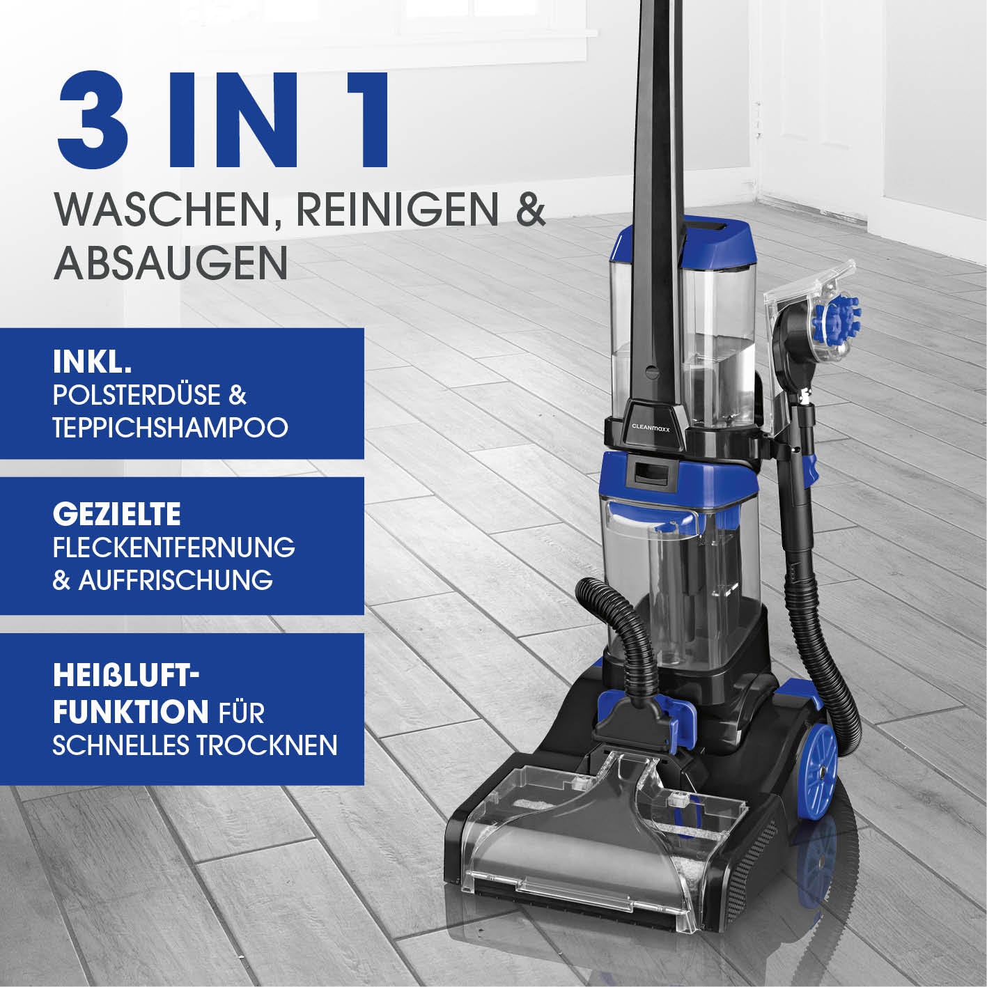 Teppichreiniger Pro+ mit 3-in-1 Funktion: Waschen, Reinigen, Absaugen, Polsterdüse, Teppichshampoo und Heißluft für schnelles Trocknen.