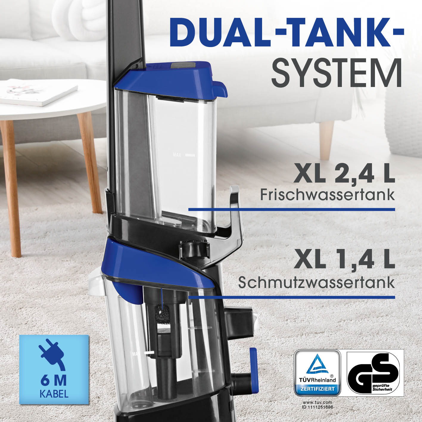 Teppichreiniger Pro+ mit Dual-Tank-System, 2,4 L Frischwasser- und 1,4 L Schmutzwassertank, 6 m Kabel für gründliche Reinigung.