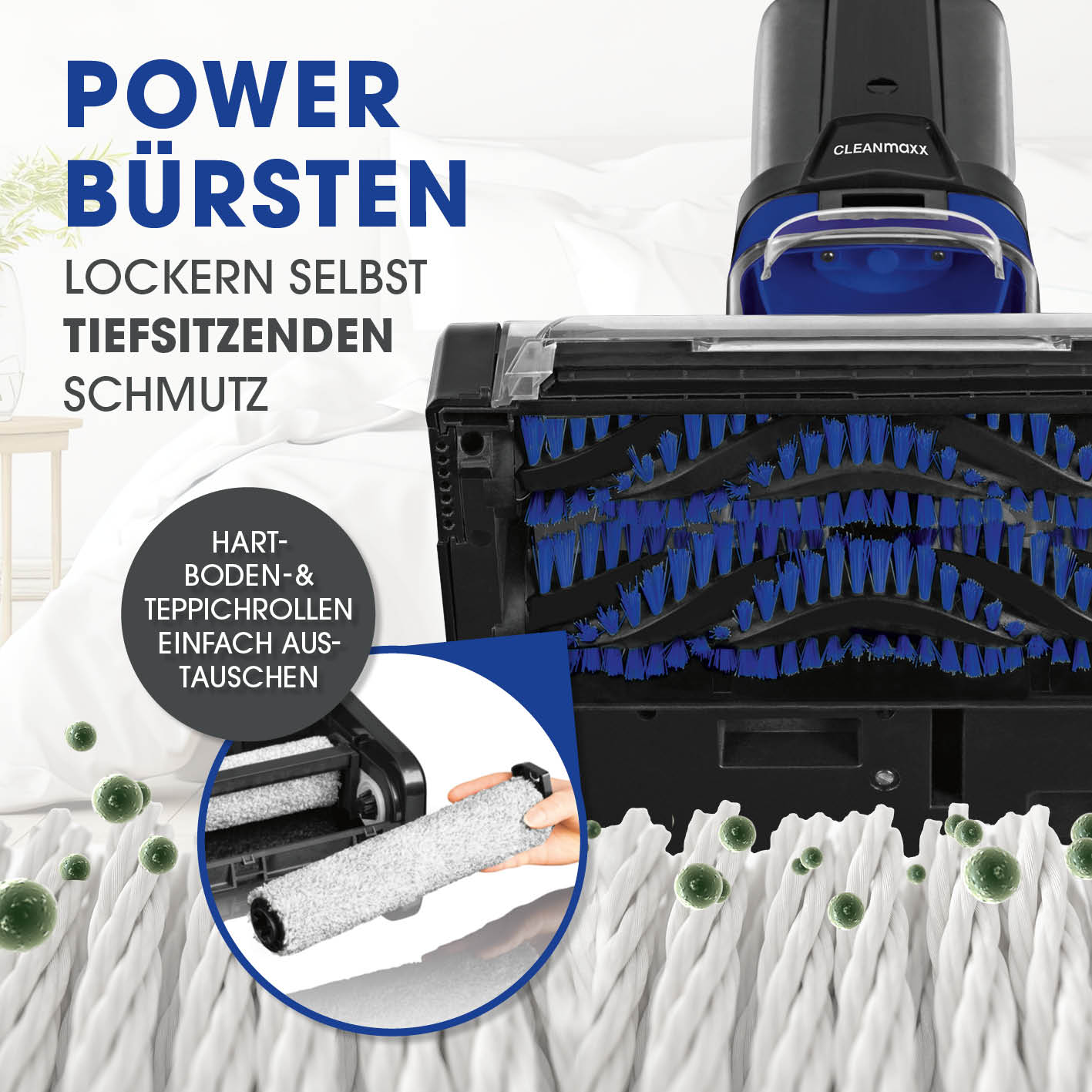 Teppichreiniger Pro+ mit Power Bürsten, austauschbaren Rollen für Hartböden und Teppiche, entfernt tiefsitzenden Schmutz effektiv.
