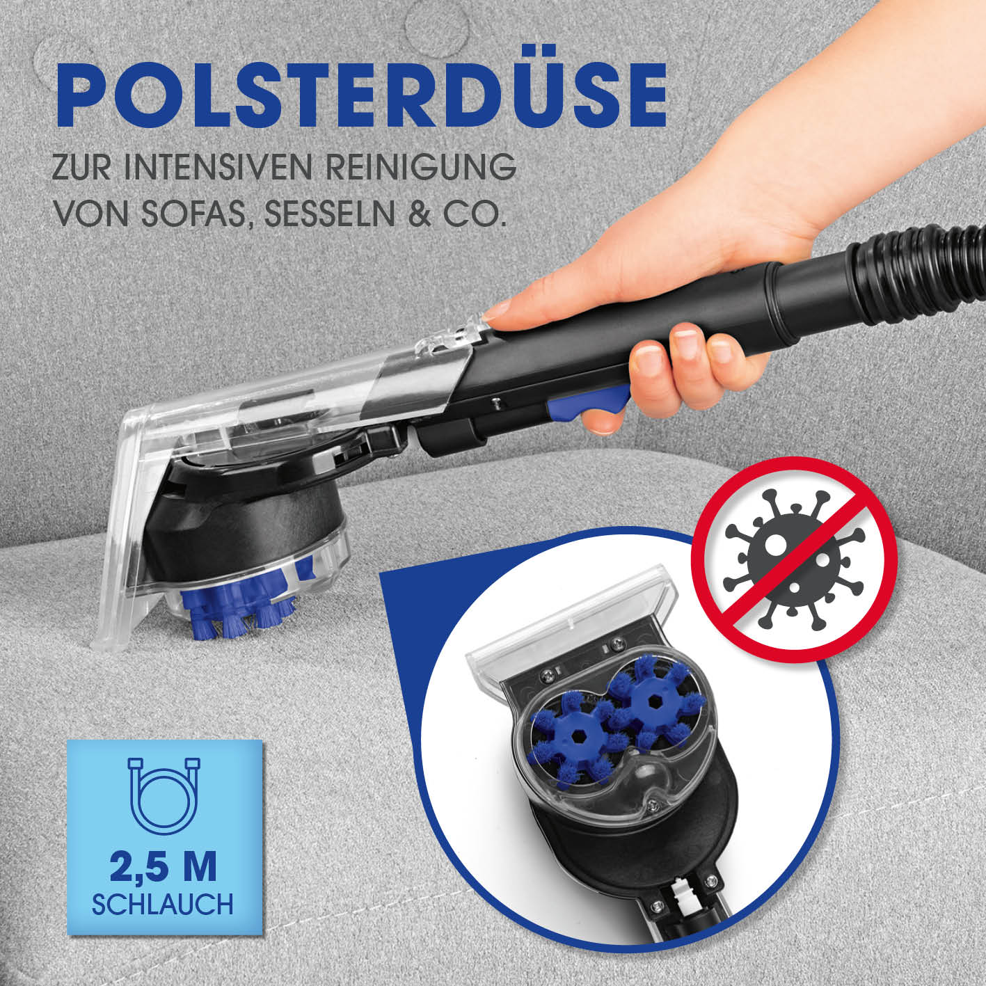 Teppichreiniger Pro+ Polsterdüse zur intensiven Reinigung von Sofas und Sesseln mit 2,5 m Schlauch für gründliche Sauberkeit.