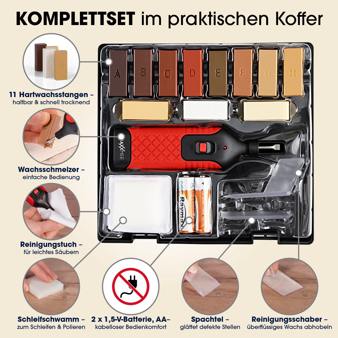 Reparaturset für Laminat & Parkett mit 19 Teilen, inkl. Wachsschmelzer, 11 Wachsstangen und Zubehör im praktischen Koffer.