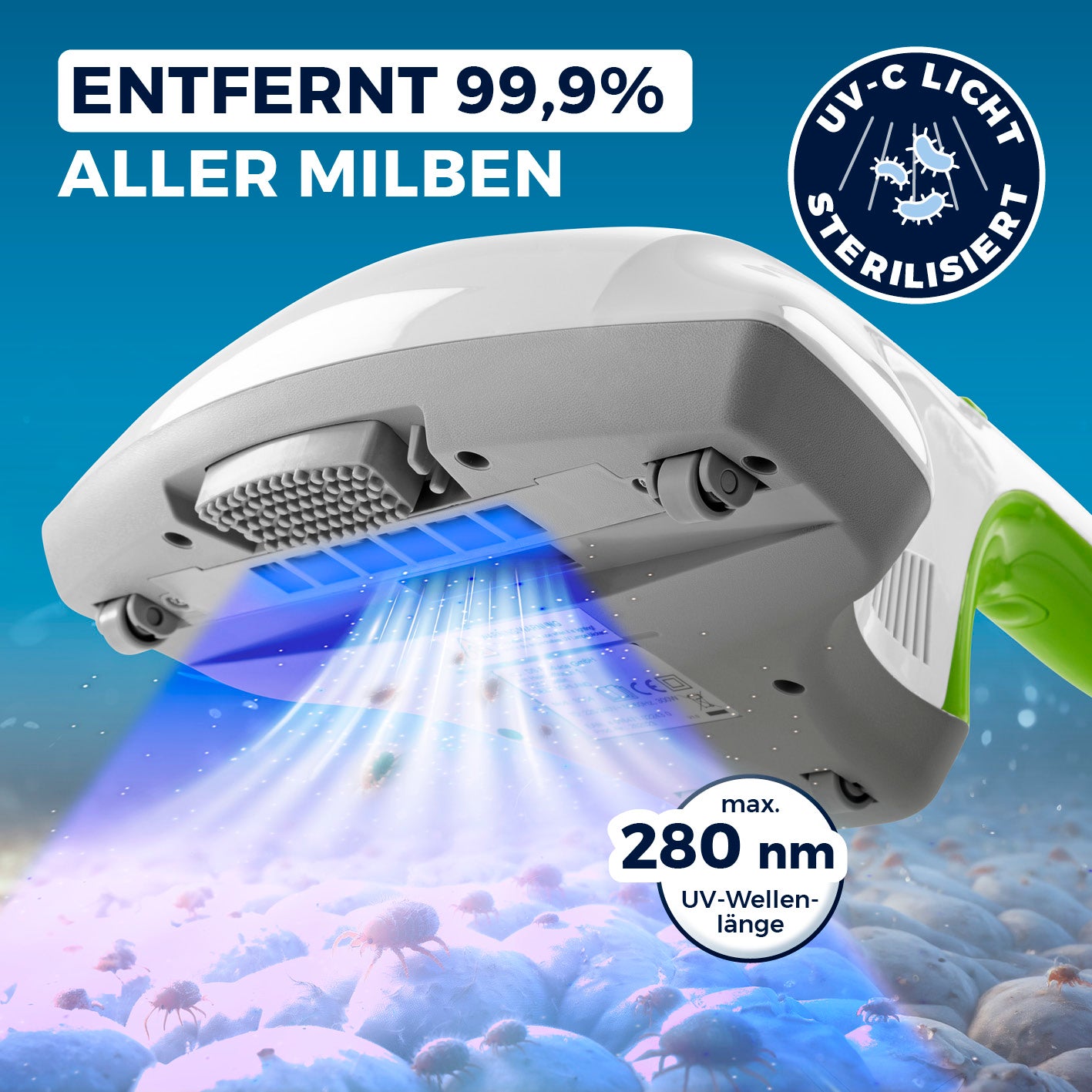 Milbensauger Vibration - Weiß/Limegreen mit UV-C-Licht 280 nm entfernt 99,9 % Milben und sterilisiert Textilien effektiv.