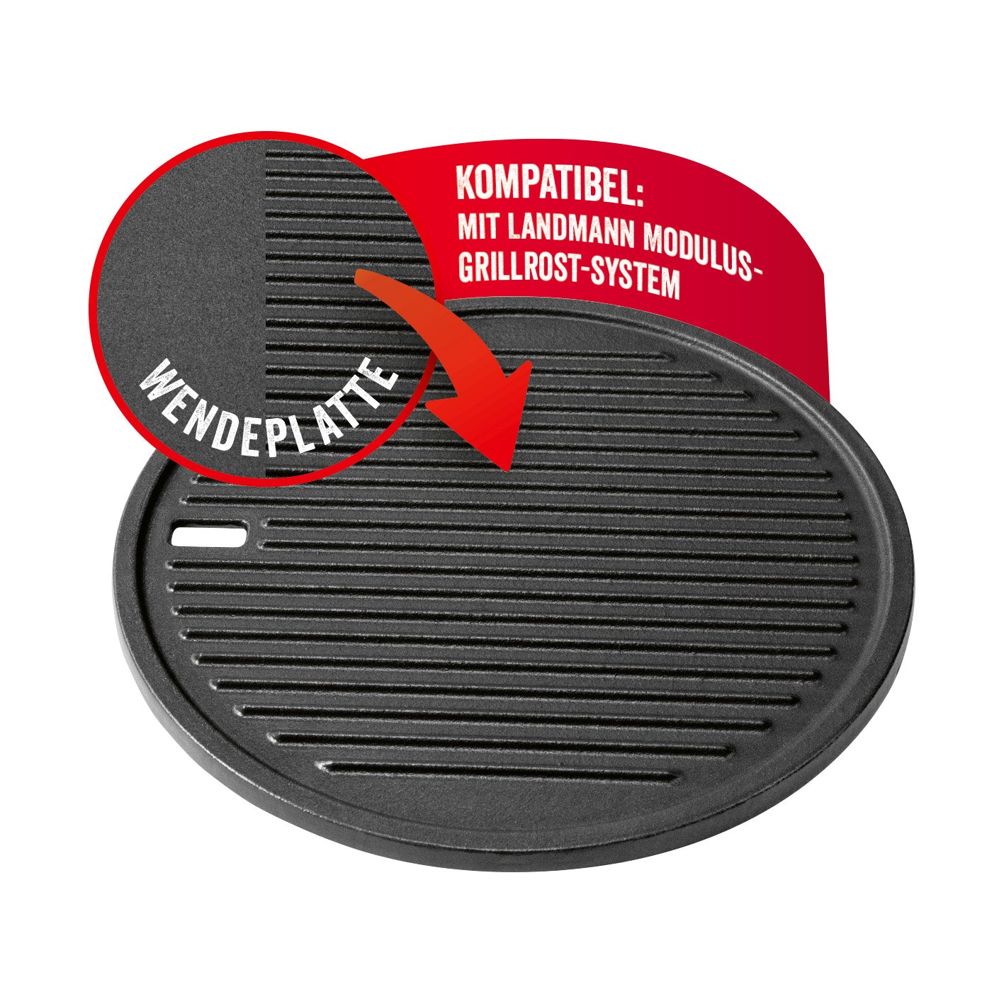 Modulus Grillplatte aus emailliertem Gusseisen, beidseitig nutzbar mit gerippter und glatter Seite, 30,5 cm Durchmesser fürs Modulus Grillrost-System