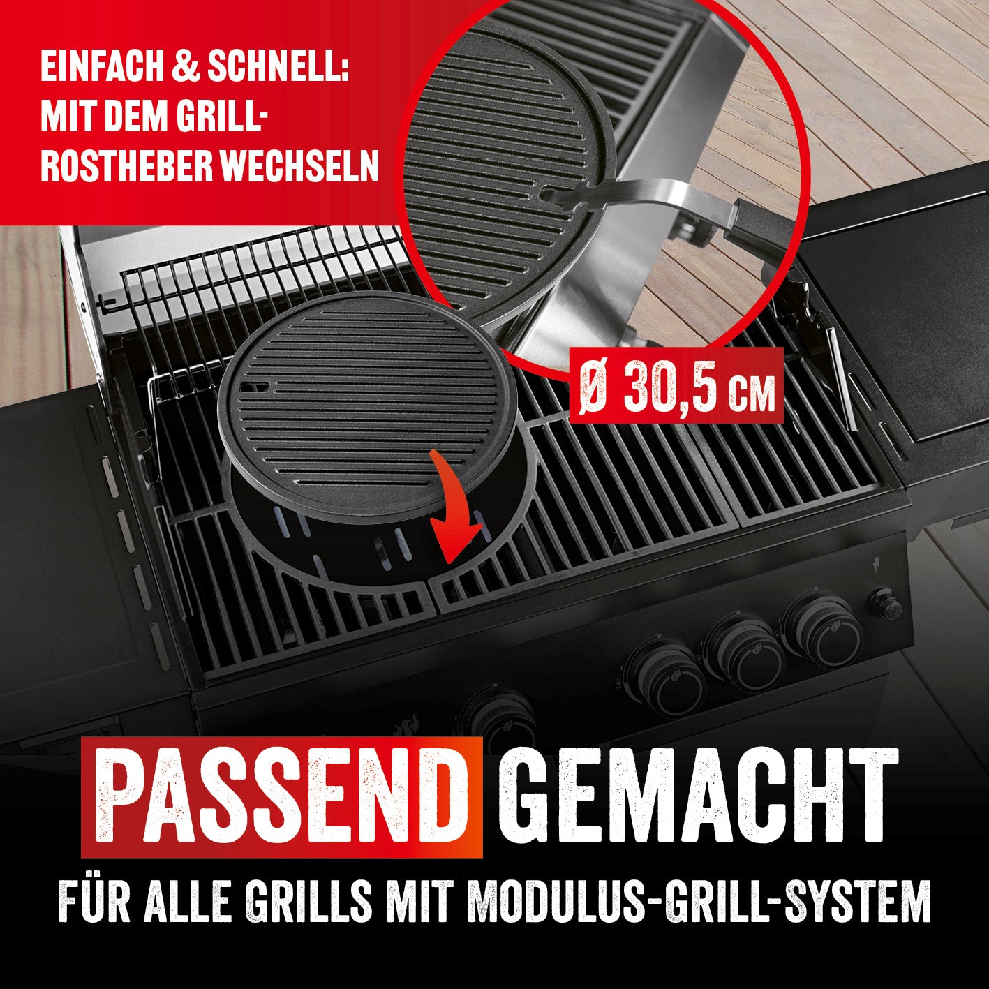 Modulus Grillplatte aus emailliertem Gusseisen, 30,5 cm, passend für Modulus Grillrostsystem, einsetzbar mit gerippter und glatter Seite.