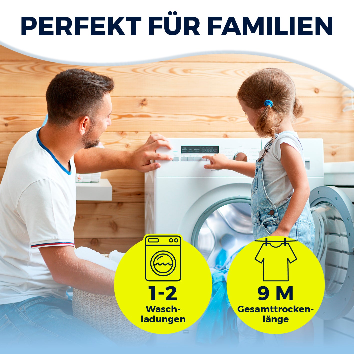 Elektro-Wäscheständer 900 mit 9 m Trockenlänge, 15 kg Traglast und klappbaren Seitenflügeln für effizientes Trocknen.