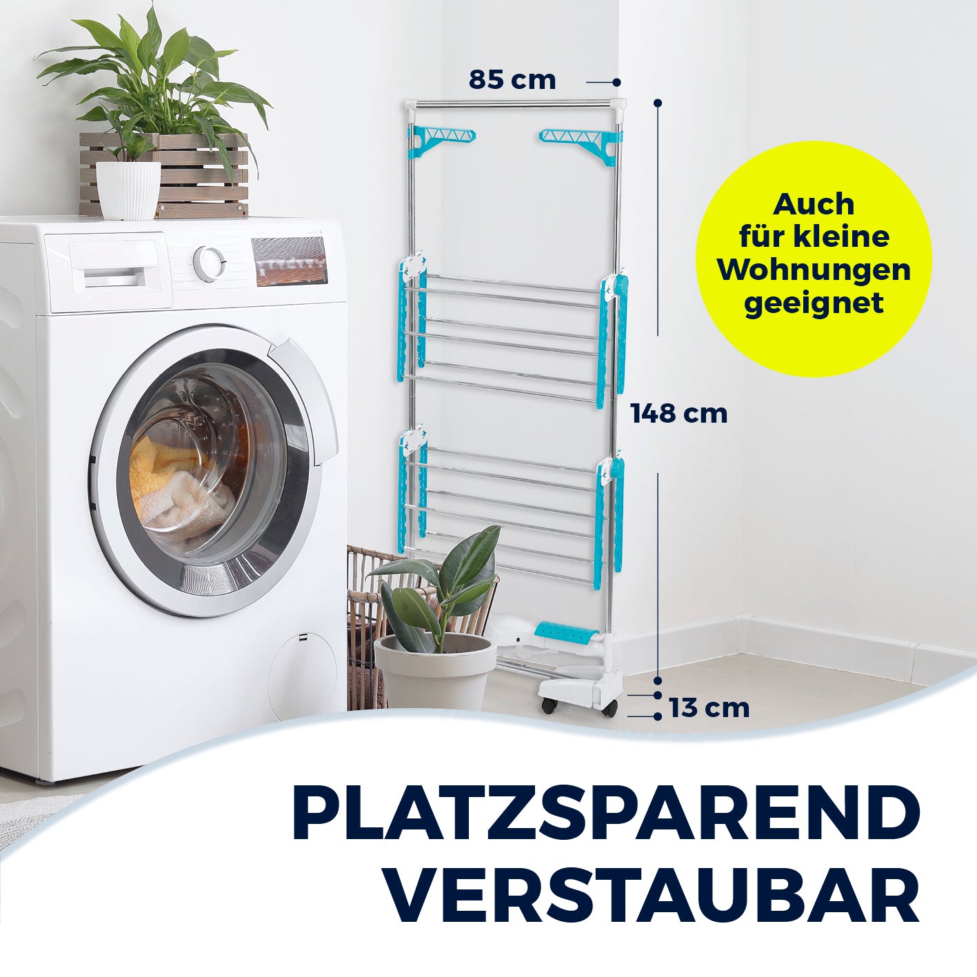 Elektro-Wäscheständer 900 platzsparend, klappbar, mit 85x148 cm, ideal für kleine Wohnungen, 3,3 kg, 6 Rollen für leichtes Verschieben.