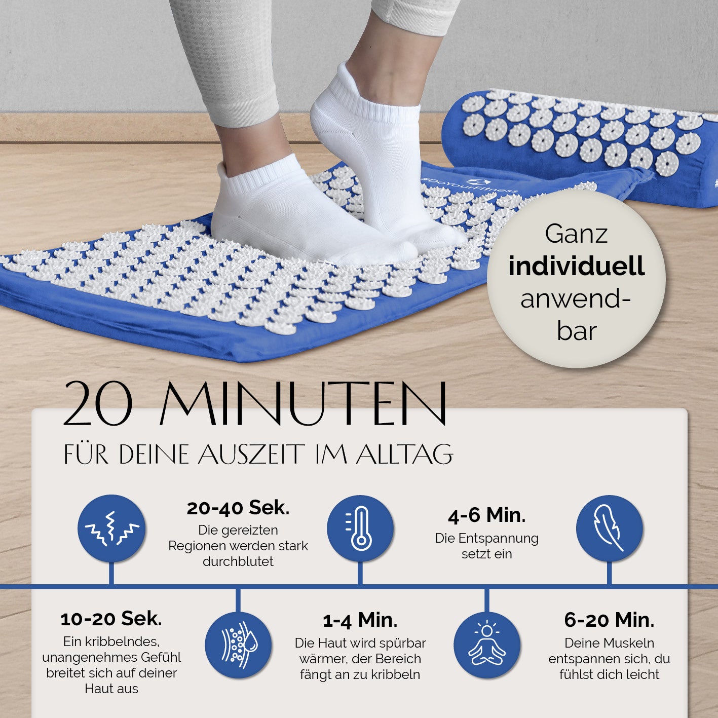 Akupressur-Set Jimuta 20 x 20 x 42 cm blau mit Matte und Nackenkissen für ganzheitliche Entspannung und verbesserte Durchblutung.