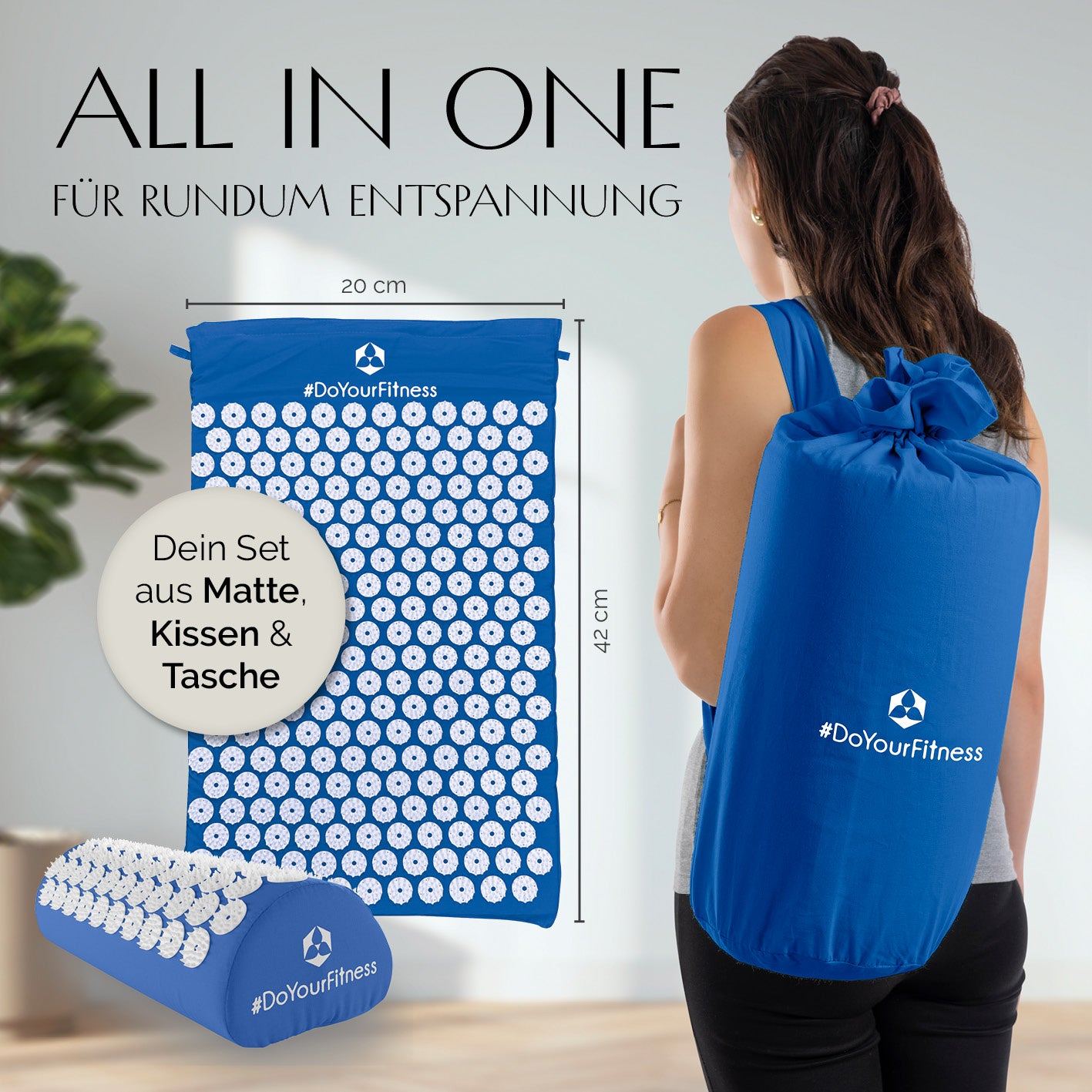 Akupressur-Set Jimuta 20x20x42 cm blau mit Matte, Nackenkissen und Tasche für effektive Entspannung und Schmerzlinderung.
