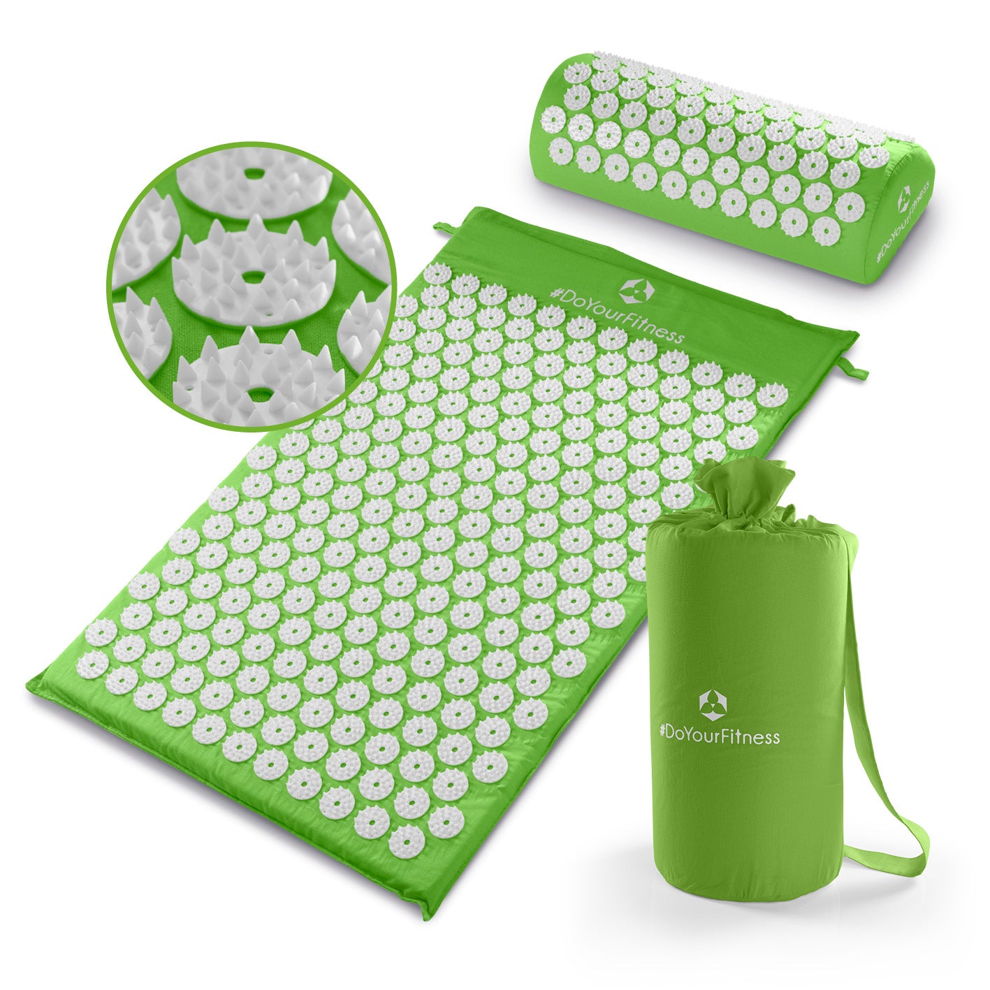 Akupressur-Set Jimuta 20x20x42 cm grün mit Nadelmatte, Nackenkissen und Tasche für Entspannung und Durchblutungsförderung.