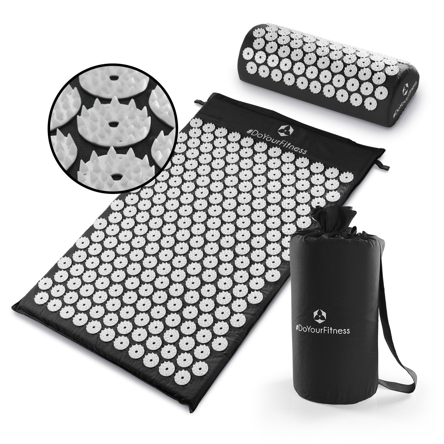 Akupressur-Set Jimuta - 20 x 20 x 42 cm - schwarz, inklusive Nadelmatte, Nackenkissen und Tragetasche aus Baumwolle.