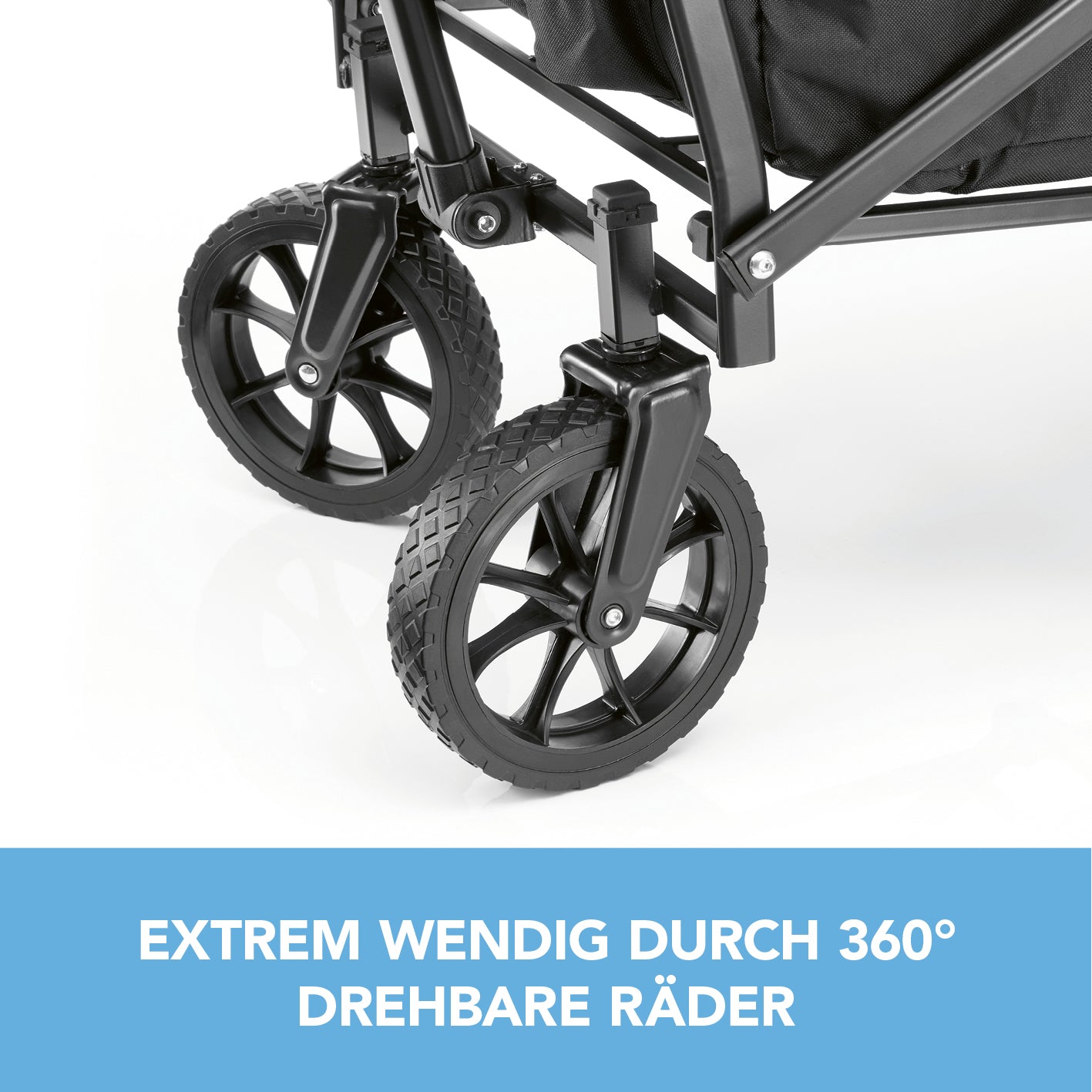 Bollerwagen - faltbar - schwarz/grau mit robusten 360° drehbaren Vorderrädern für besonders wendiges Fahren auf verschiedenen Untergründen.