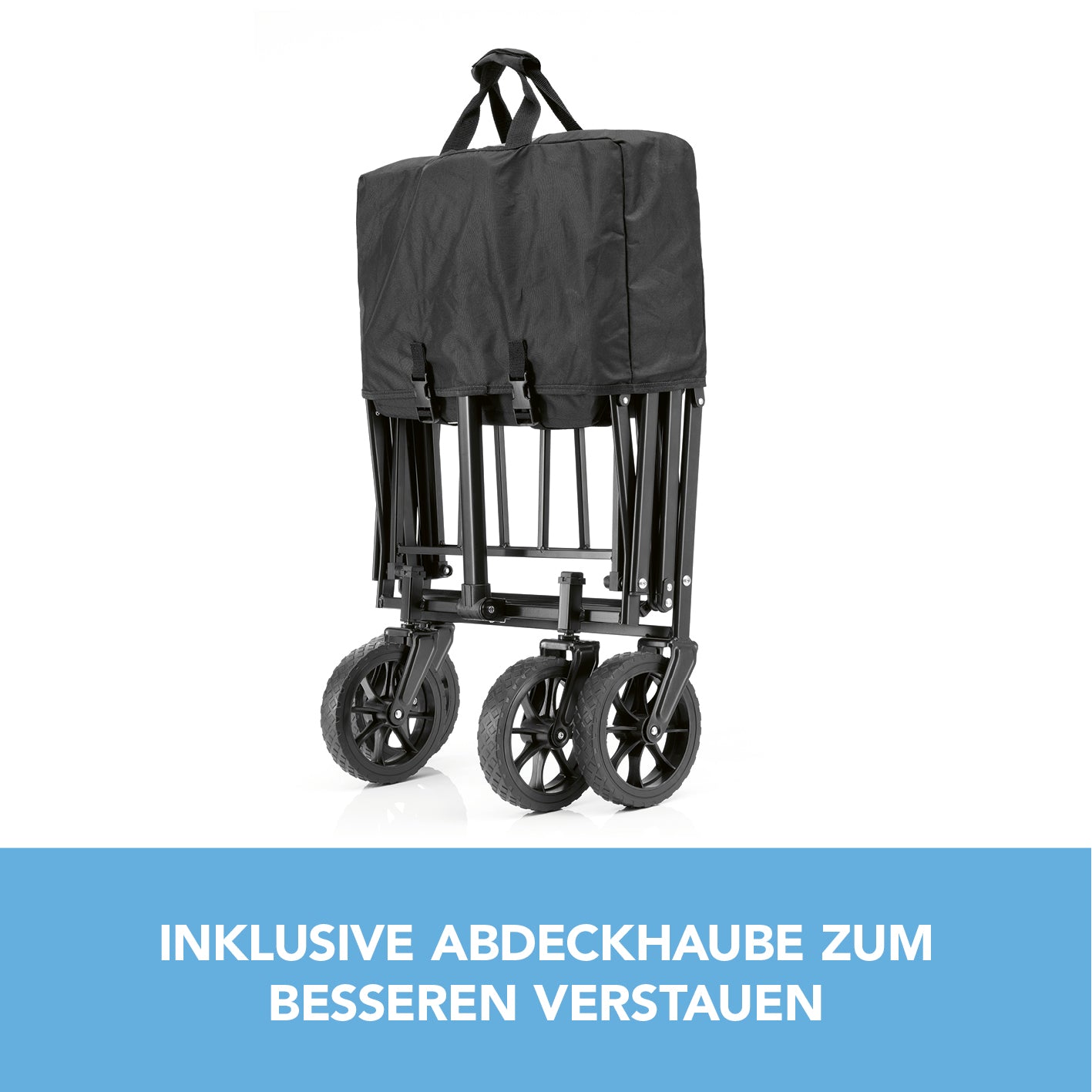 Bollerwagen - faltbar - schwarz/grau zusammengefaltet mit Schutzabdeckung und robusten Rädern für einfaches Verstauen und Transportieren