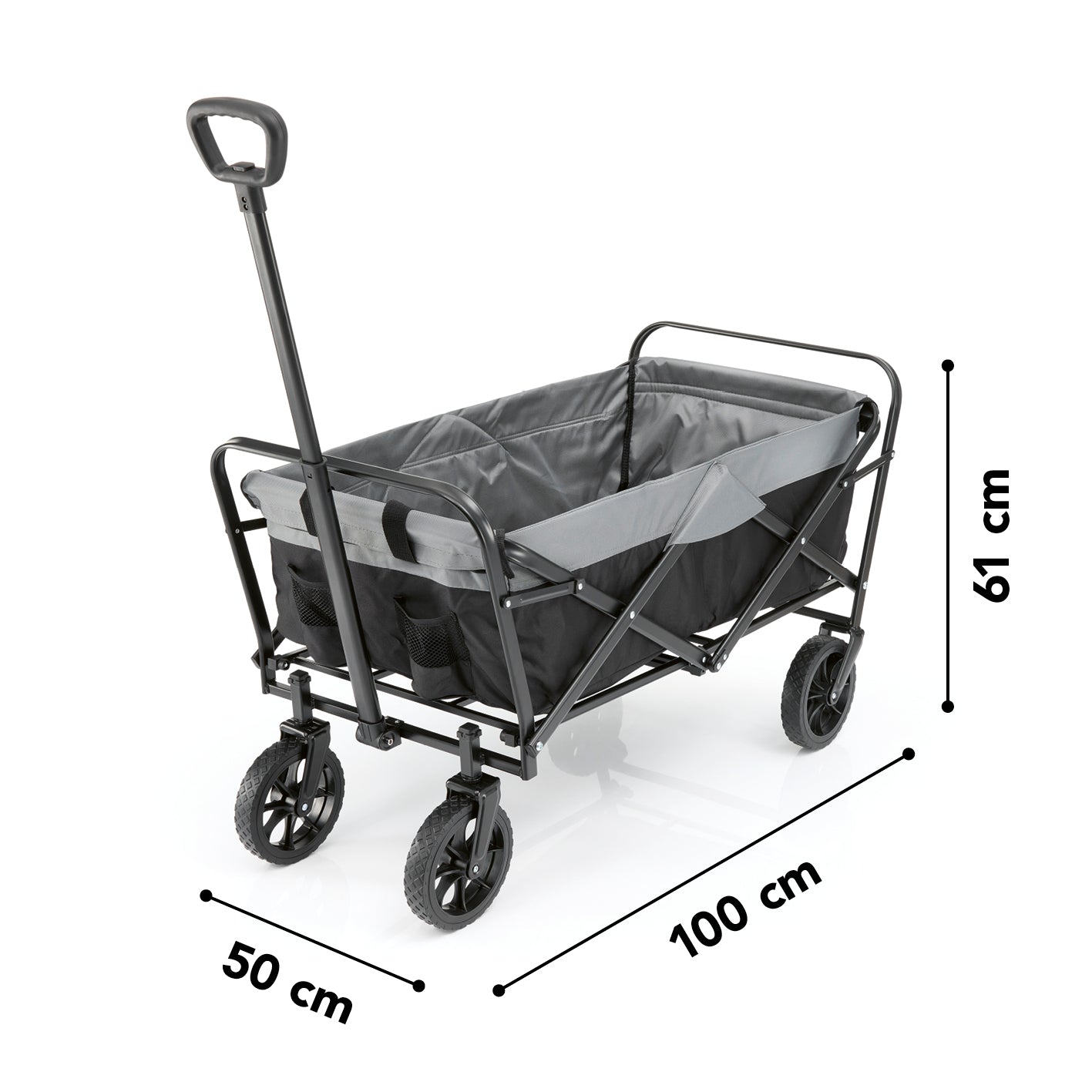 Bollerwagen - faltbar - schwarz/grau mit robustem Bezug, 360° drehbaren Vorderrädern und ausziehbarem Teleskopgriff, Maße 100x50x61 cm