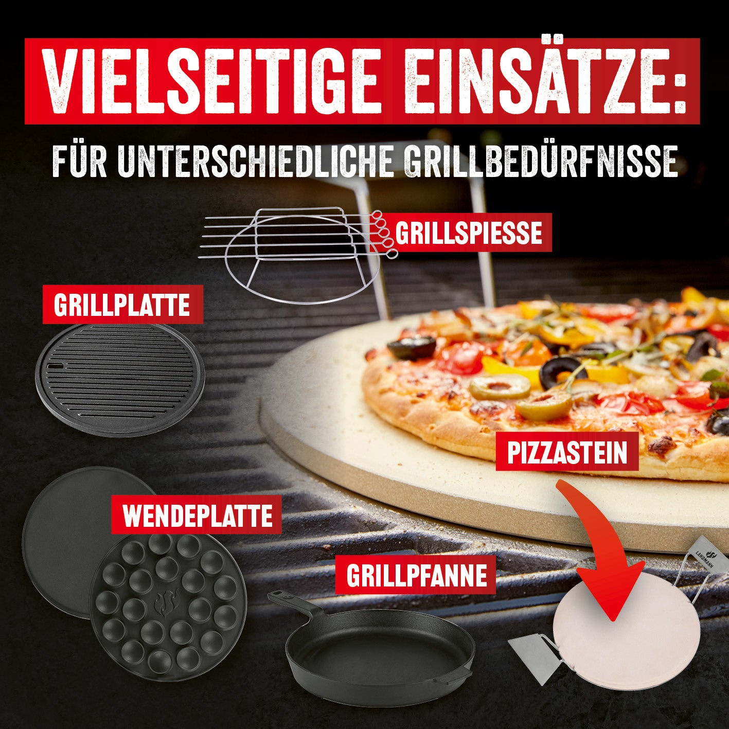 Modulus Grillrostsystem Triton 2.1 aus emailliertem Gusseisen mit vielseitigem Zubehör für Grillplatte, Pizzastein und Grillspieße.