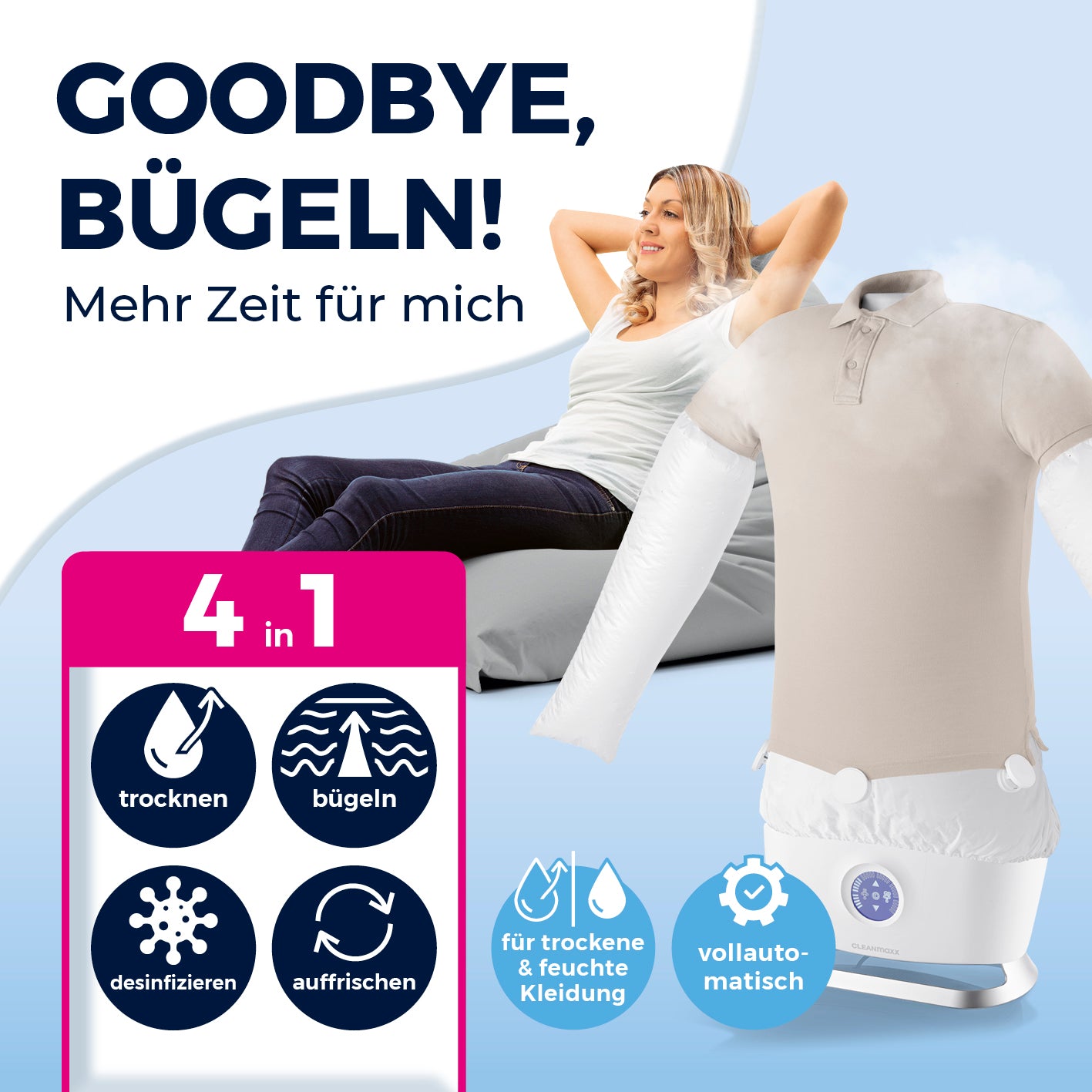 Hemdenbügler PRO STEAM - Weiß vollautomatisch für Trocknen, Bügeln, Desinfizieren und Auffrischen von Kleidung.