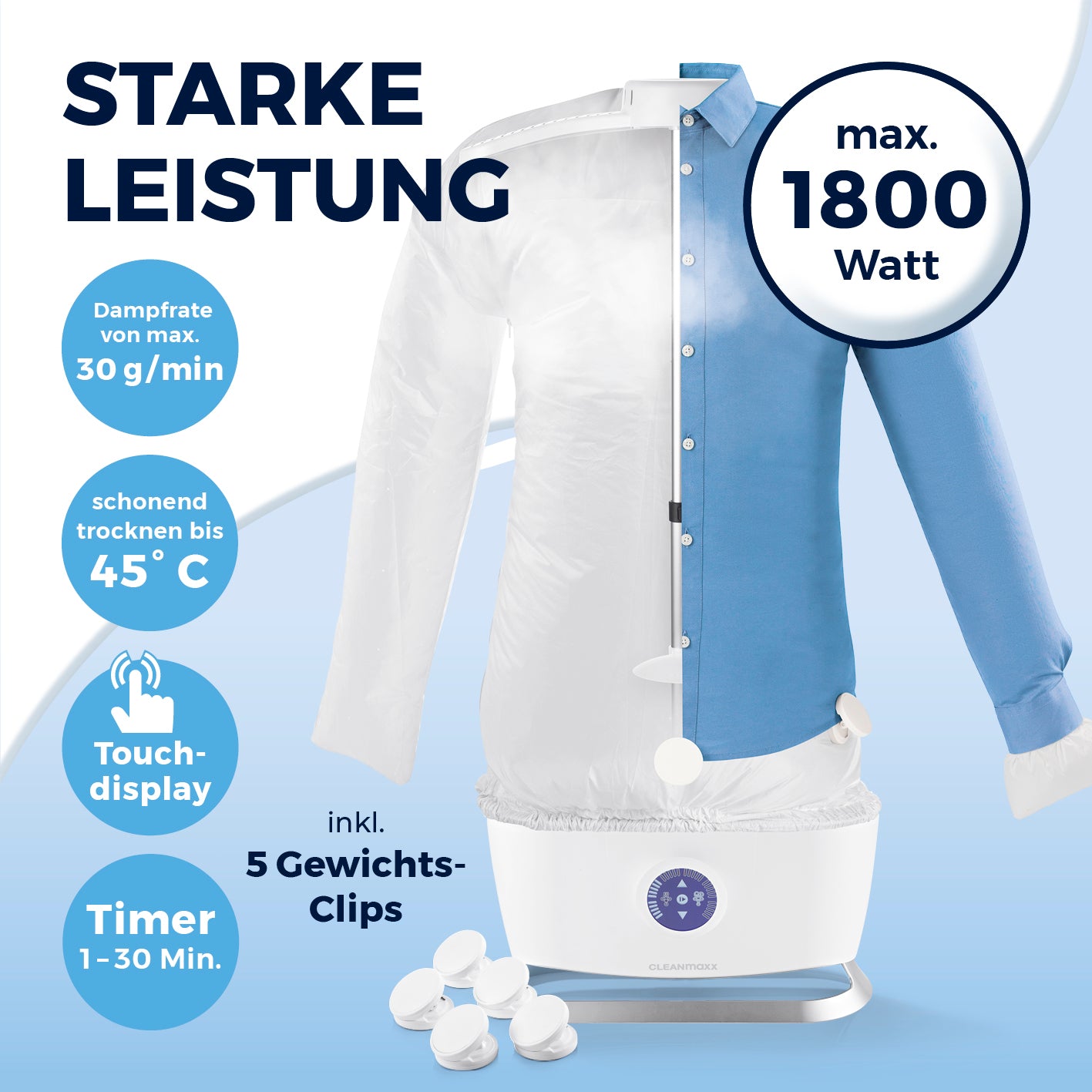 Hemdenbügler PRO STEAM - Weiß mit 1800 Watt, Touch-Display, Timer und 5 Gewichts-Clips für effizientes Trocknen und Bügeln.