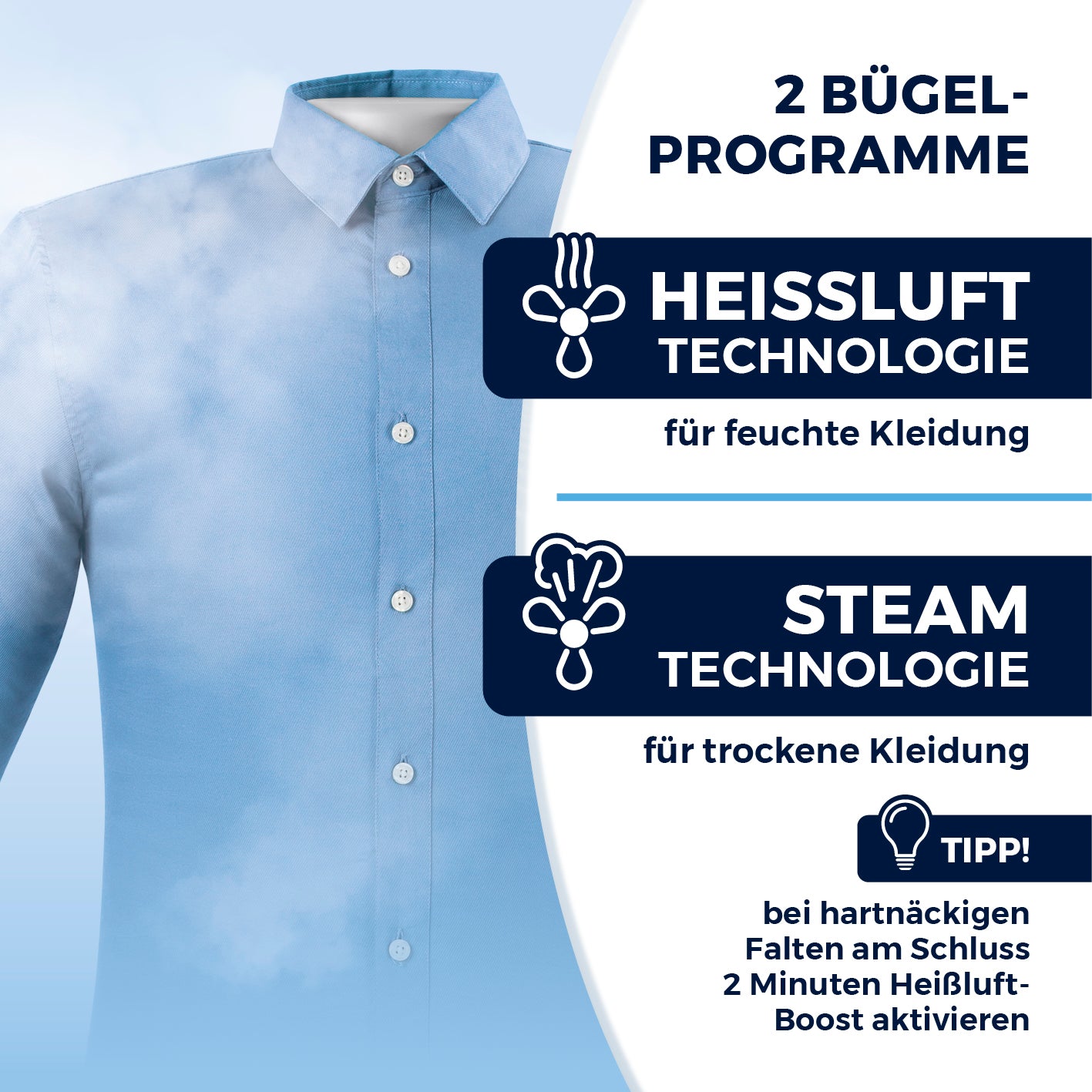 Hemdenbügler PRO STEAM - Weiß mit 2 Bügelprogrammen: Heißluft für feuchte und Steam für trockene Kleidung.