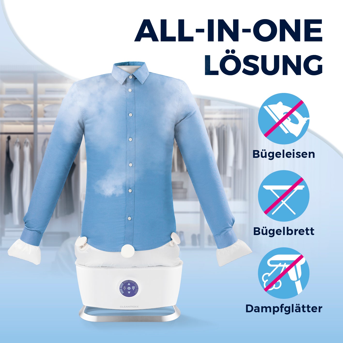 Hemdenbügler PRO STEAM - Weiß mit Dampffunktion, ersetzt Bügeleisen, Bügelbrett und Dampfglätter für faltenfreie Hemden.