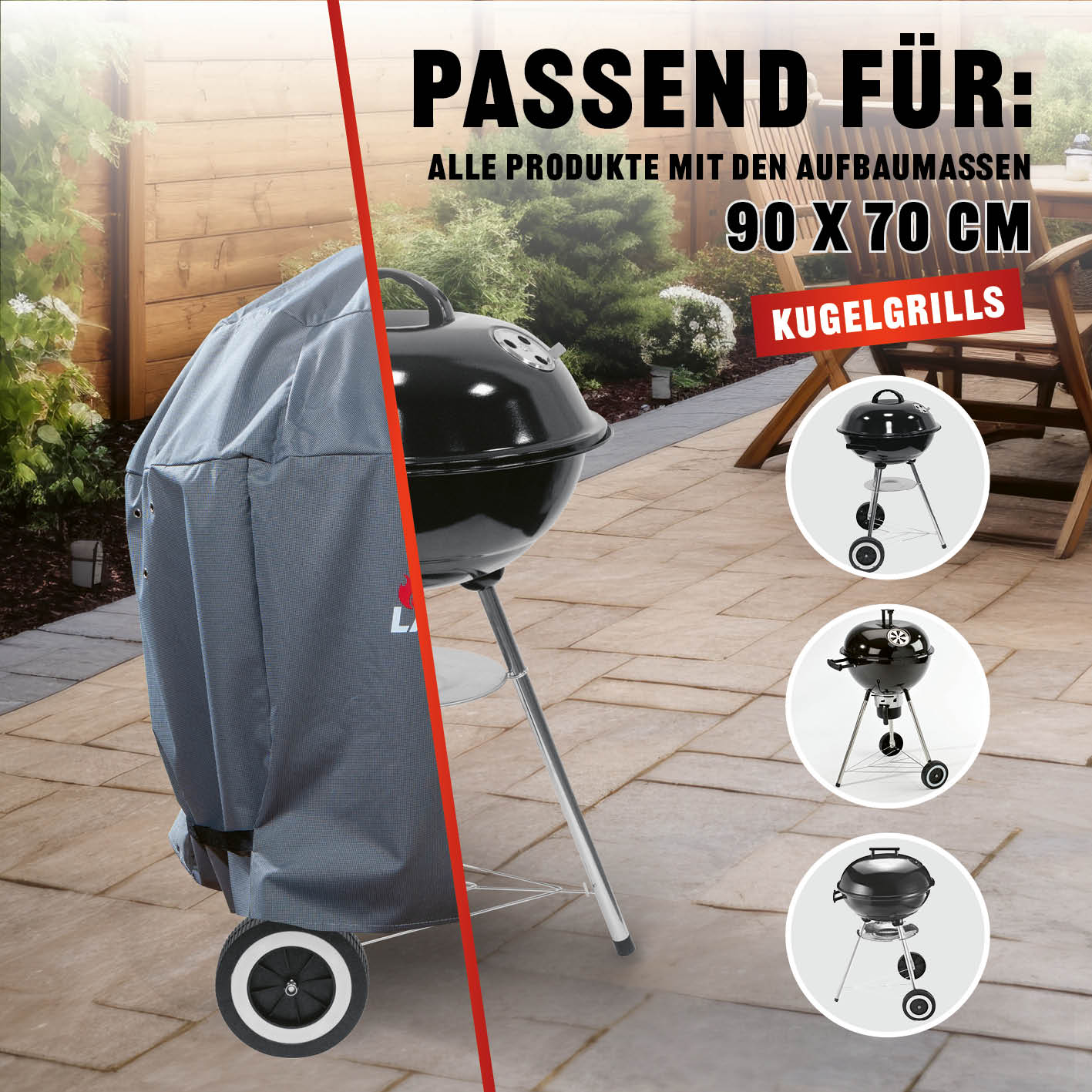 Wetterschutzhaube Premium 90x70x70 cm grau, UV-beständig, wasser- und kältefest, passend für Kugelgrills mit 90x70 cm Maßen.
