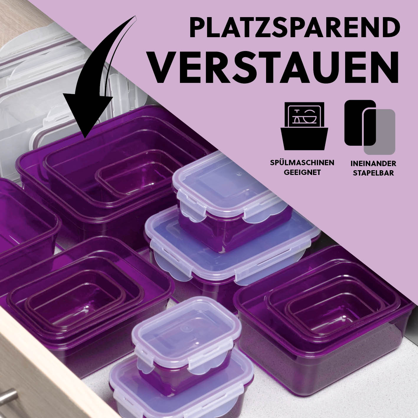 Frischhaltedosen Klick-it, 14-tlg., Lila – stapelbare, spülmaschinengeeignete luftdichte Kunststoffdosen in vier Größen, platzsparend verstaubar.