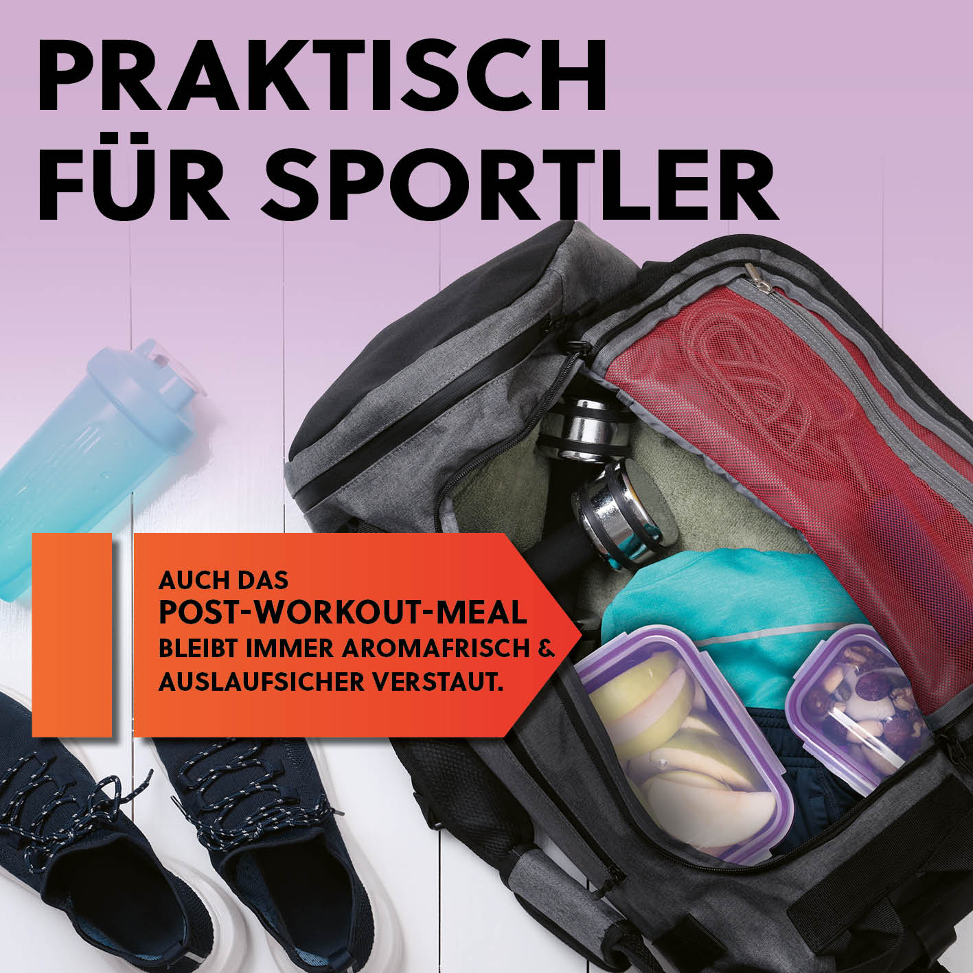 Frischhaltedosen Klick-it, 14-tlg., Lila im Sporttasche, luftdicht, auslaufsicher für frische Post-Workout-Meals unterwegs.