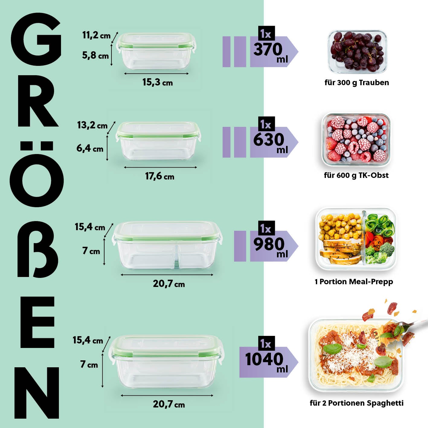 Frischhaltedosen Klick-it - 8-tlg. - Grün, 4 luftdichte Glasdosen in verschiedenen Größen für Meal Prep und Aufbewahrung.