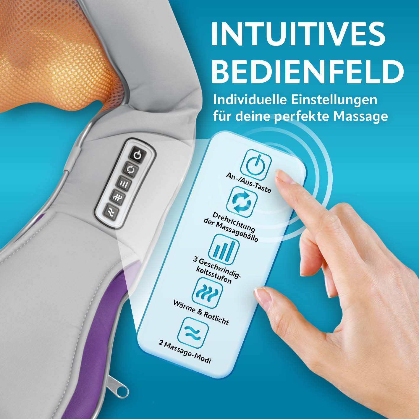Shiatsu-Massagegerät - 8 Massagebälle mit intuitivem Bedienfeld, einstellbarer Drehrichtung und zuschaltbarer Wärmefunktion.