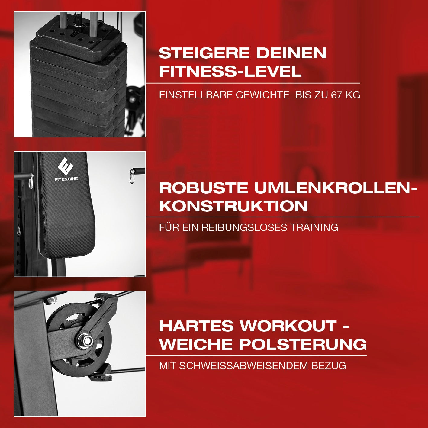 Kraftstation mit einstellbaren Gewichten bis 67 kg, robuster Umlenkrollen-Konstruktion und weich gepolstertem, wasserabweisendem Bezug