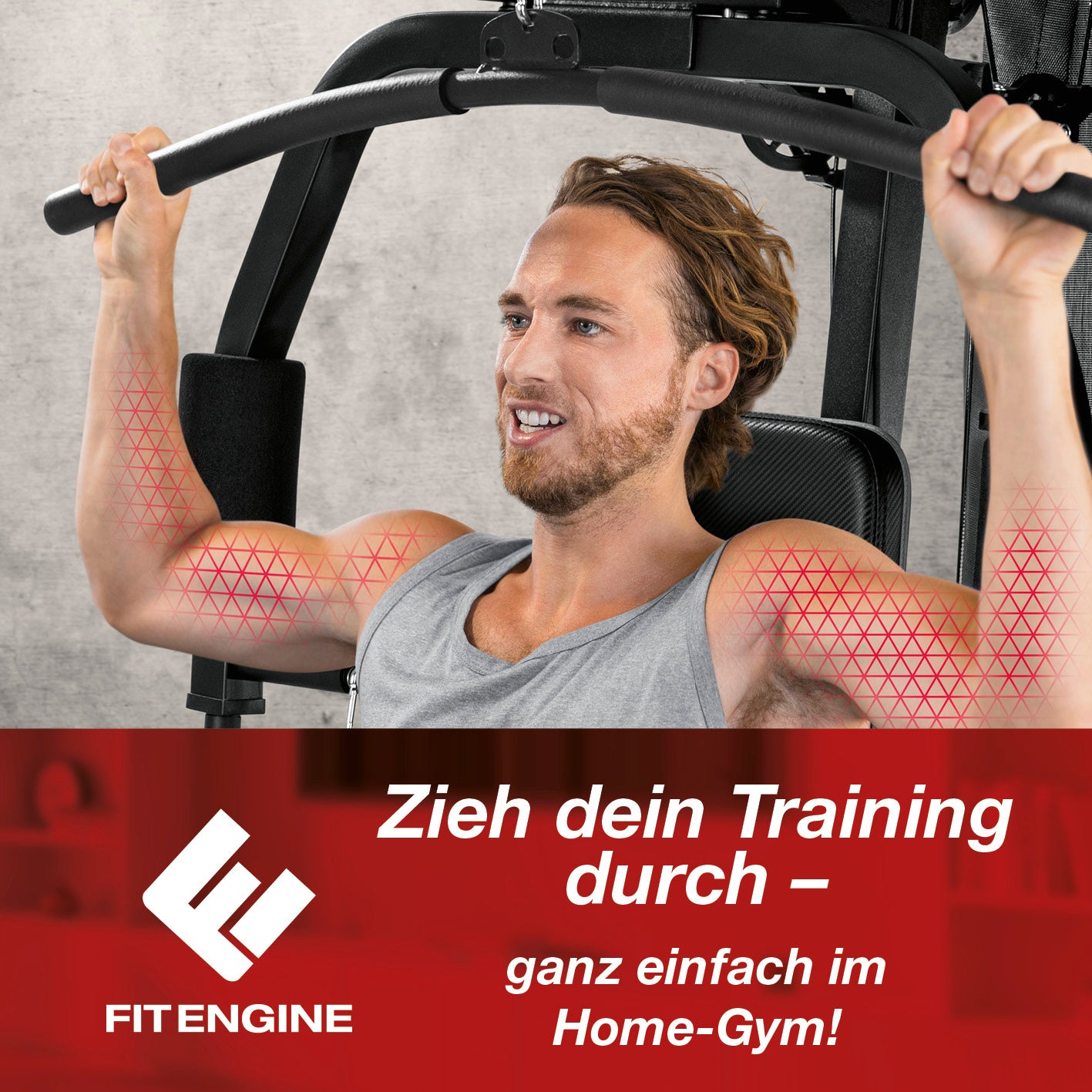 Mann trainiert mit der Kraftstation, gepolsterte Griffe und individuell einstellbare Gewichte für Ganzkörper-Workout zuhause.
