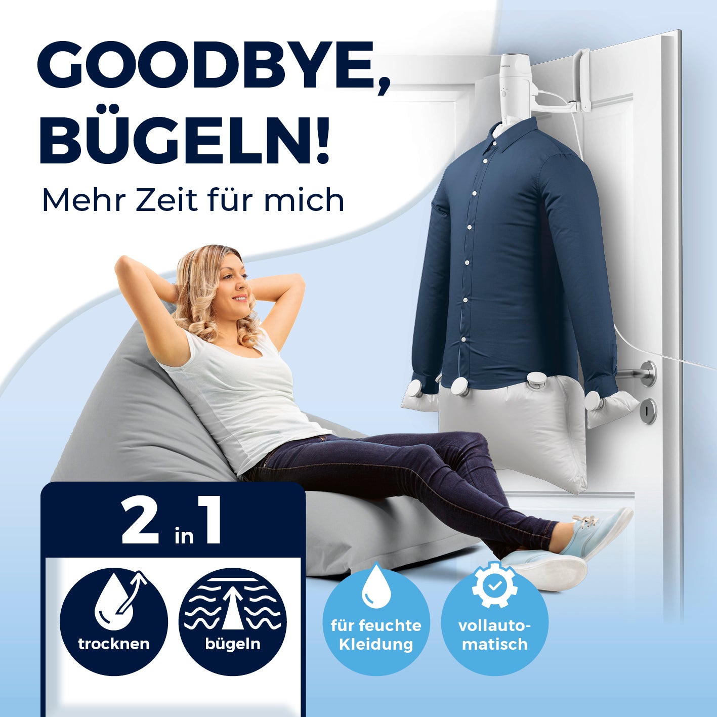 Hemden- & Blusenbügler Kompakt - weiß/silber trocknet und bügelt Hemden vollautomatisch, platzsparend, ideal für feuchte Kleidung.