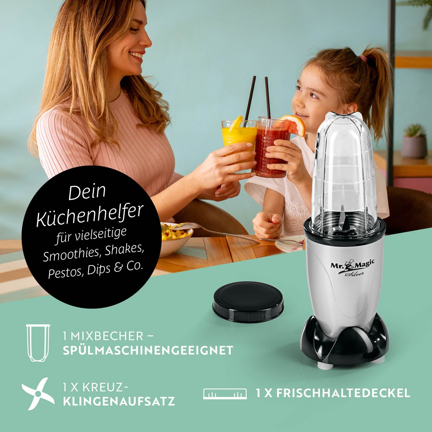 Mr. Magic Mixer Silber/Schwarz kompakter Standmixer mit 400W Motor, 500ml Mixbehälter und Frischhaltedeckel.