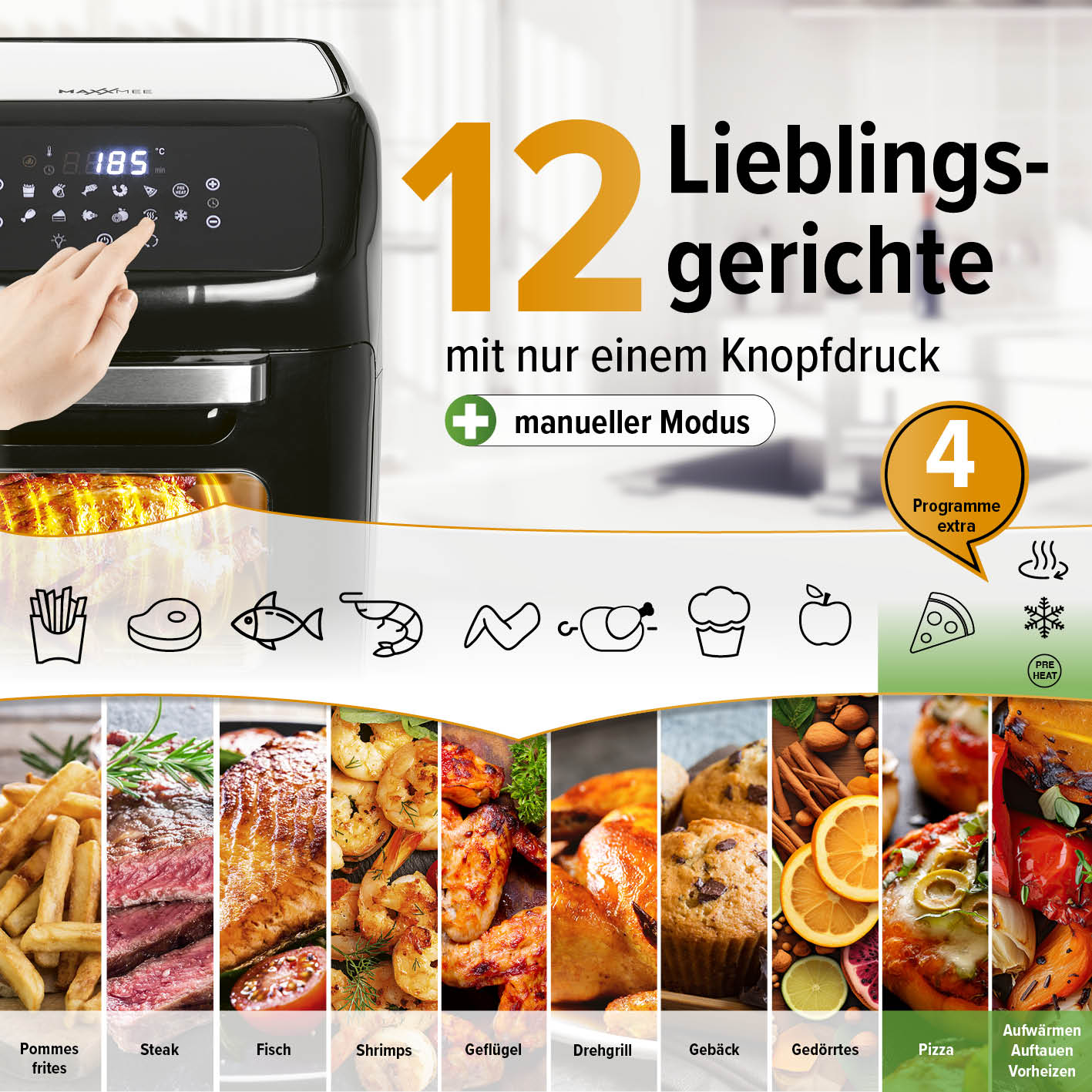 Digitale Heißluftfritteuse mit 12 Programmen, 4 extra Funktionen, Touchdisplay und vielseitigem Zubehör für fettarmes Garen.