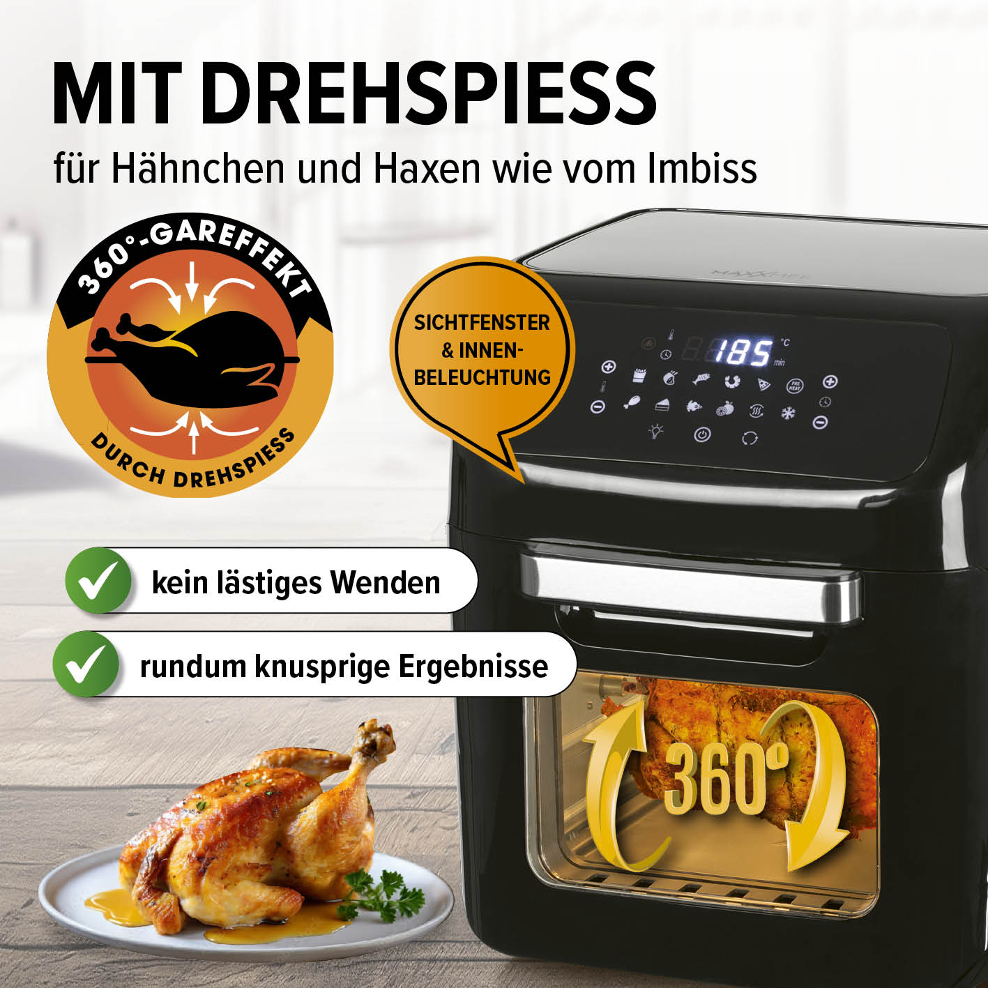 Digitale Heißluftfritteuse mit Drehspieß, Sichtfenster, 360° Gartechnik für knuspriges Hähnchen ohne Wenden, 1800W Leistung.