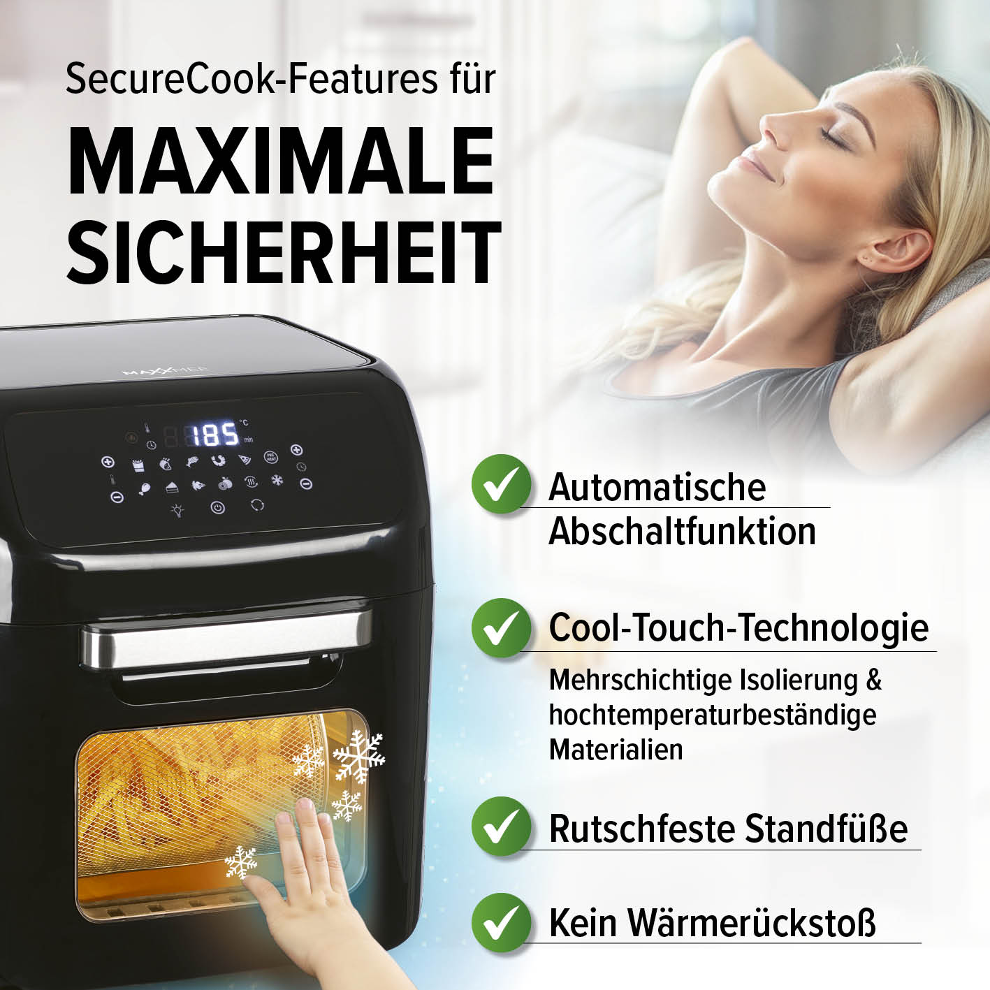 Digitale Heißluftfritteuse mit SecureCook für maximale Sicherheit, automatischer Abschaltfunktion und Cool-Touch-Technologie.