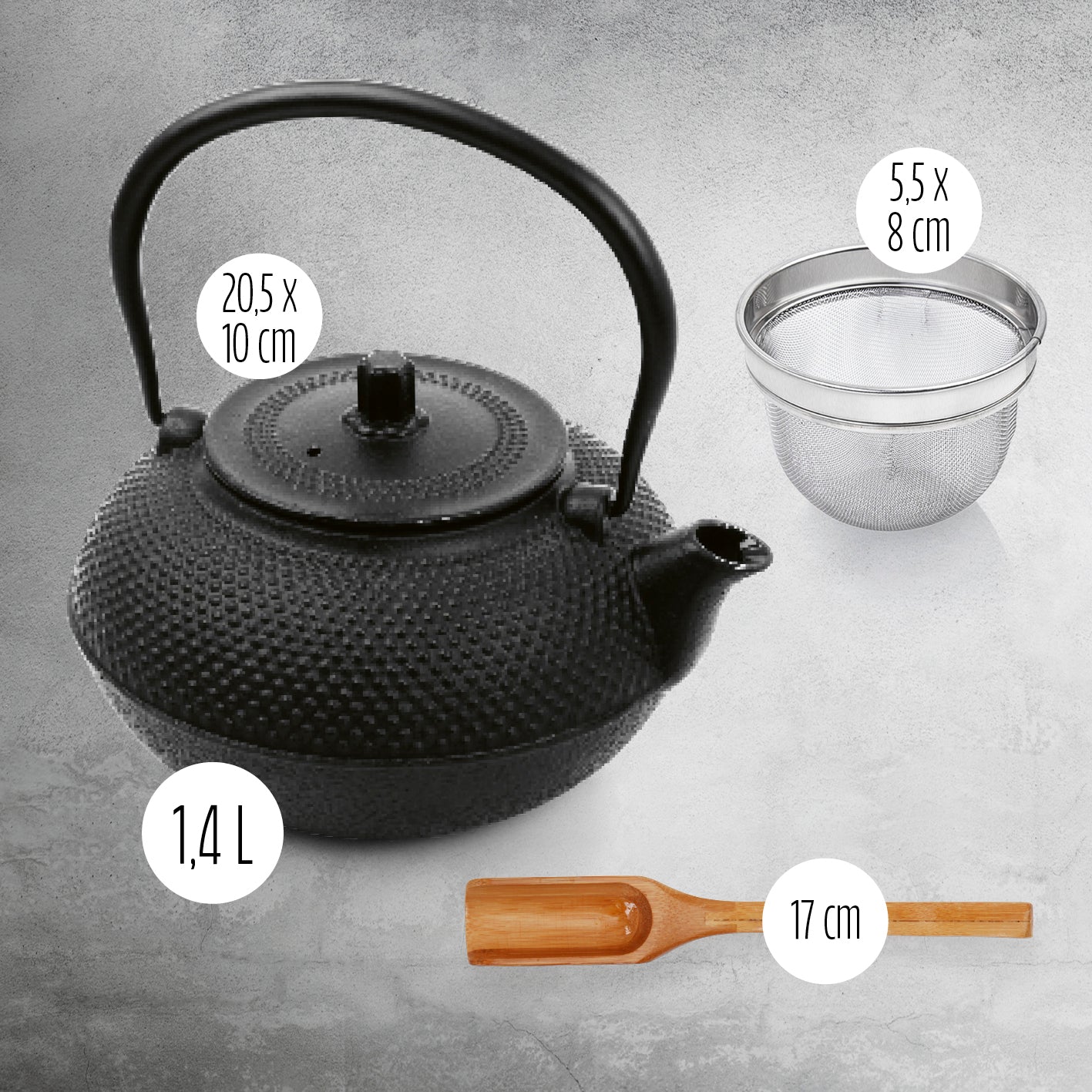 Geschirr-Set Asia Hobnail Design - 3-tlg. Gusseisernes Teekannen Set mit Bambuslöffel und Edelstahl-Sieb, 1,4l Fassungsvermögen.