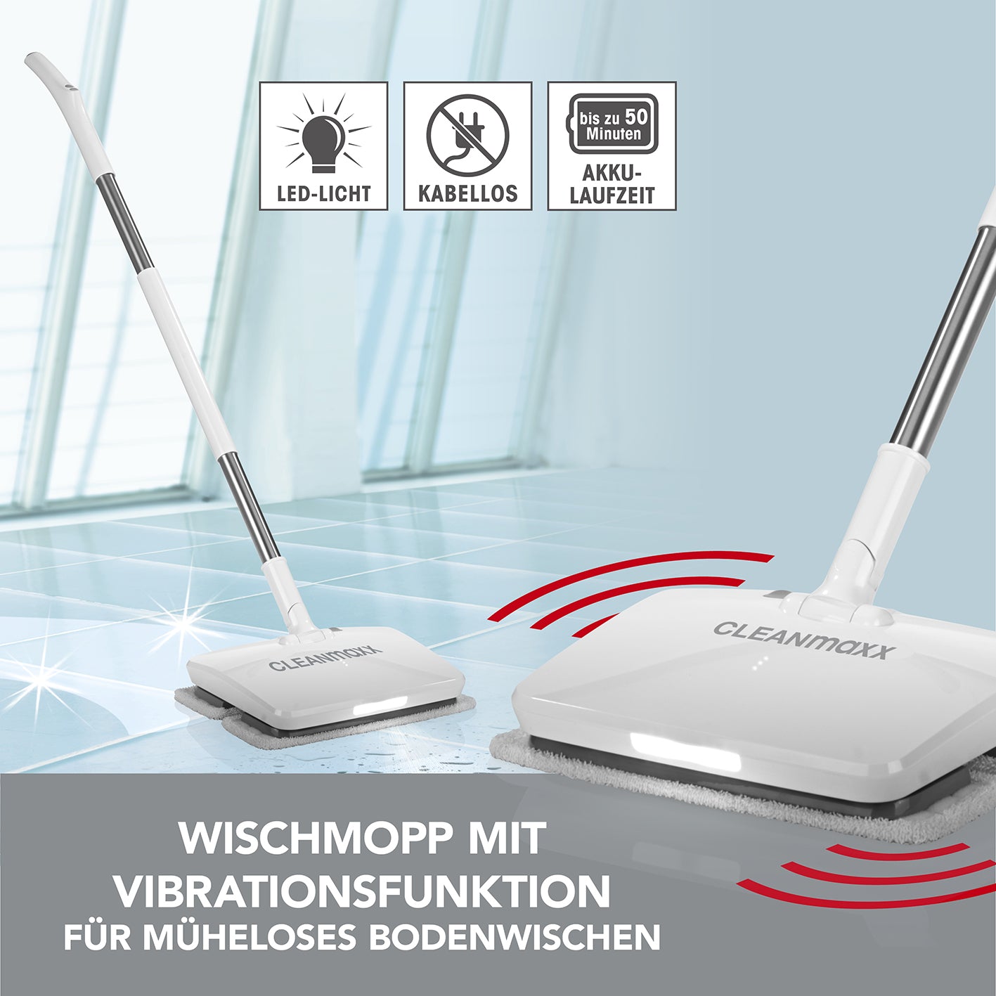 Akku-Vibrationsmopp - Weiß mit LED-Licht, kabellos, für empfindliche Böden, 50 Min. Akku-Laufzeit, vibrationsfunktion für gründliches Putzen.