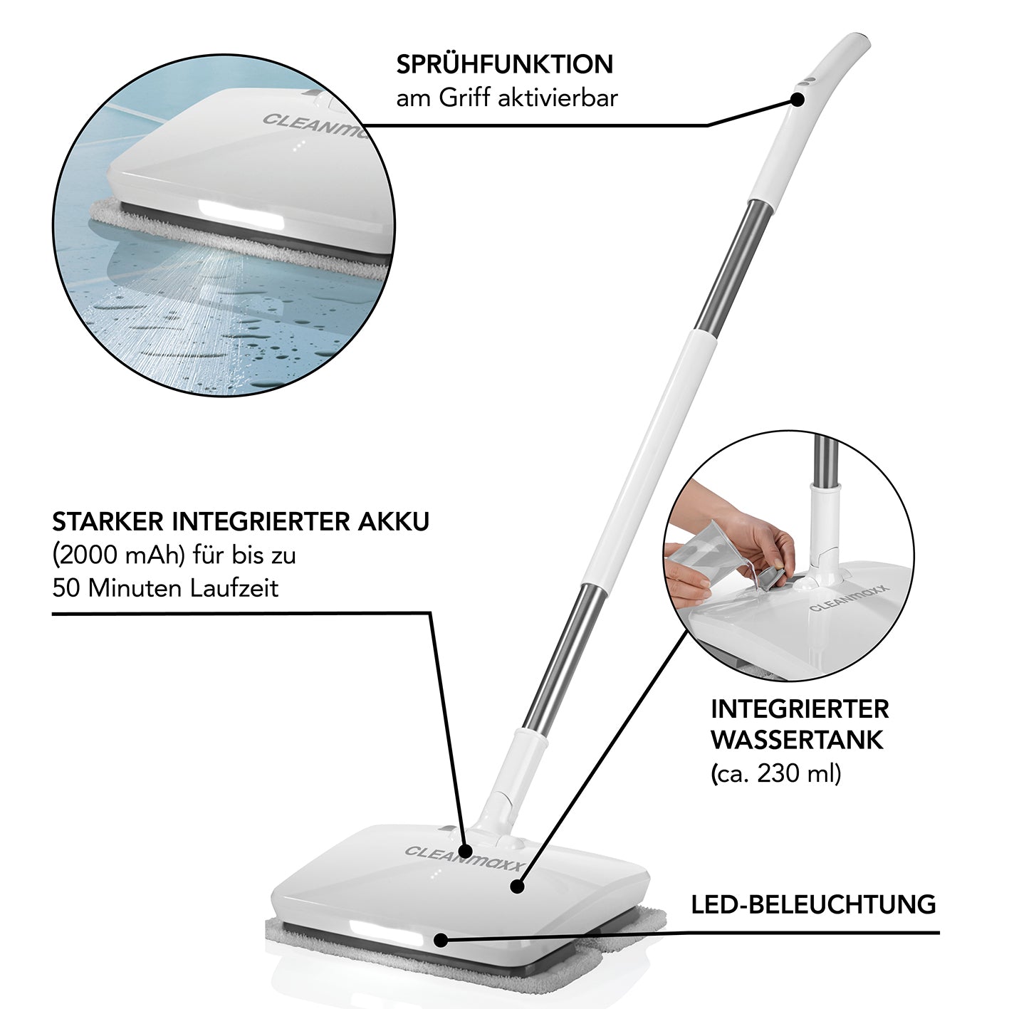 Akku-Vibrationsmopp - Weiß mit Sprühfunktion, integriertem 2000 mAh Akku, 230 ml Wassertank und LED-Beleuchtung für schonendes Bodenreinigen.