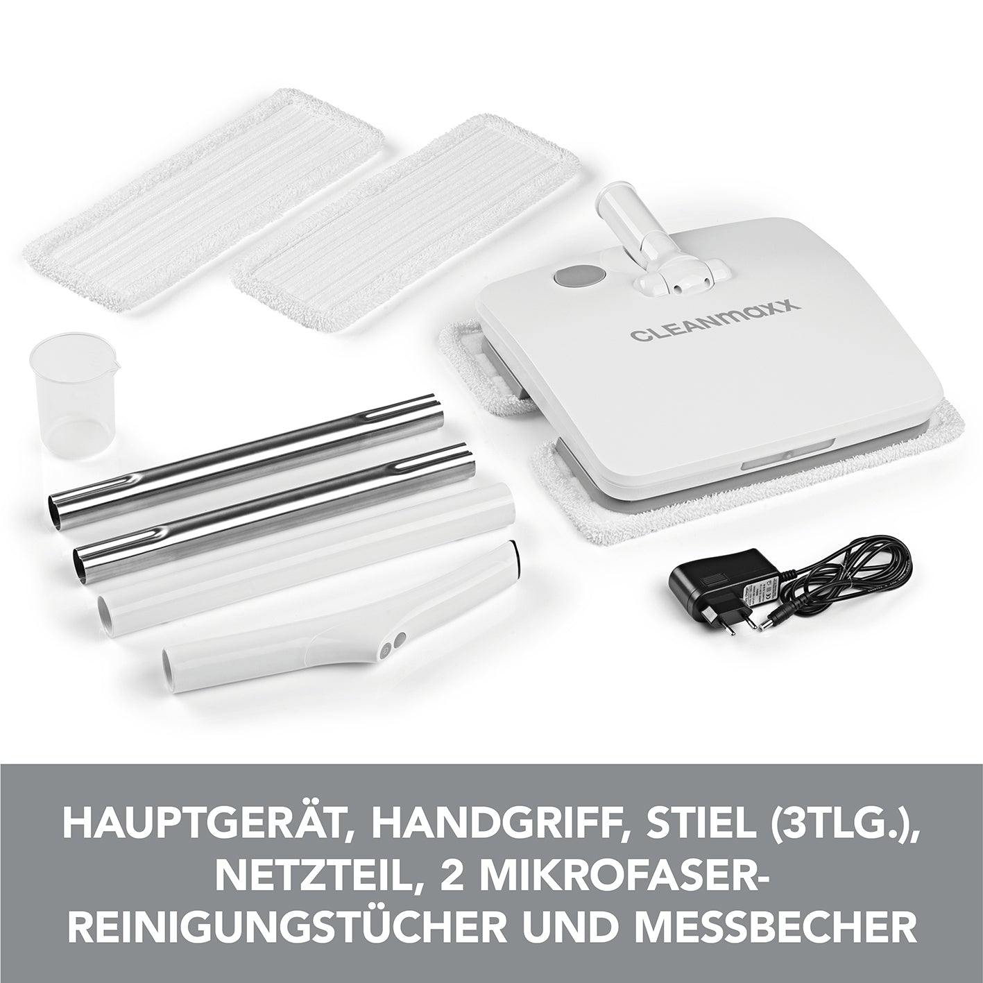 Akku-Vibrationsmopp - Weiß mit Hauptgerät, Handgriff, Stiel, Netzteil, 2 Mikrofaser Reinigungstücher und Messbecher für effektives Putzen.
