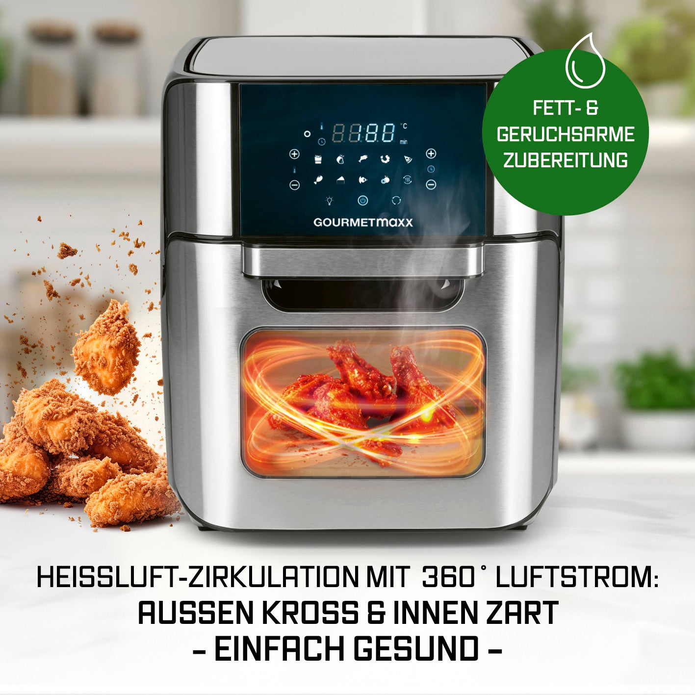 Digitale Heißluftfritteuse - 12 l - Edelstahl/Schwarz mit 360° Rapid Air Technology für fettarmes, schnelles und gesundes Frittieren.