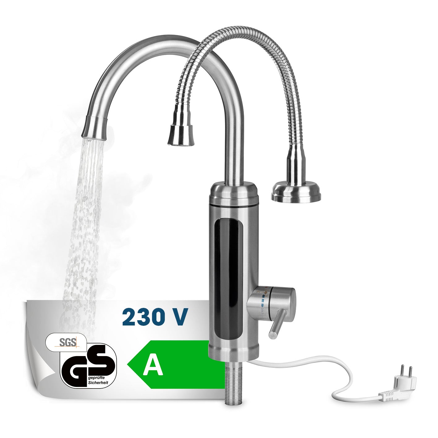 elektrische Edelstahl-Armatur mit integriertem Durchlauferhitzer, 3600W, LED-Temperaturanzeige, 2 schwenkbare Wasserhähne, 230V, rostfrei