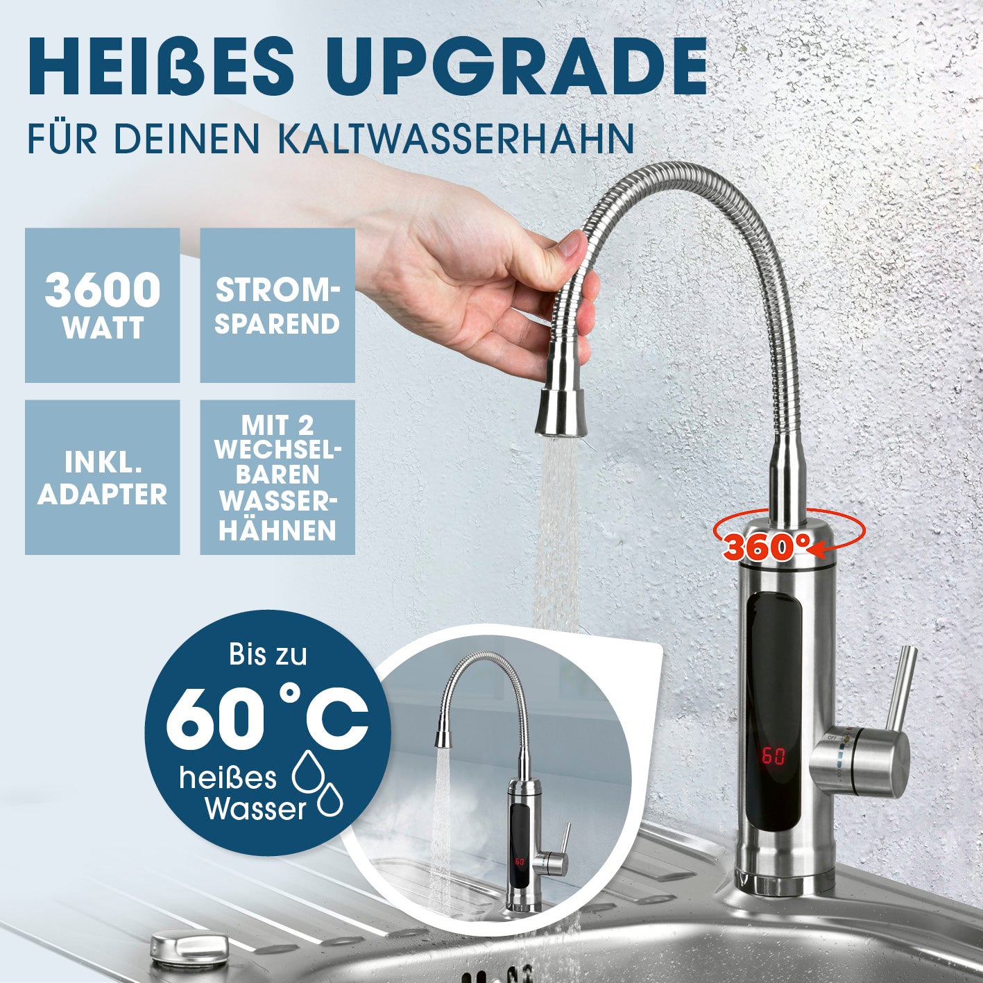 elektrische Edelstahl-Armatur mit integriertem Durchlauferhitzer, 3600 Watt, 60 °C, 360° schwenkbar, LED-Temperaturanzeige, rostfrei