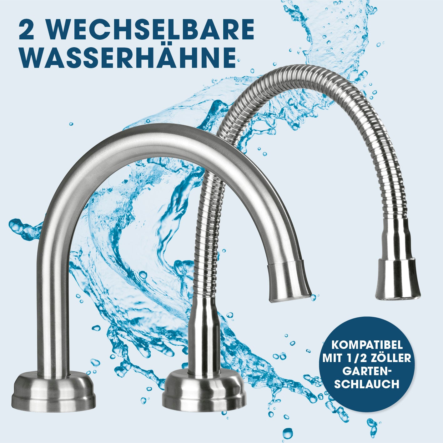 Elektrische Edelstahl-Armatur mit integriertem Durchlauferhitzer und 2 wechselbaren, 360° schwenkbaren Wasserhähnen, rostfrei.