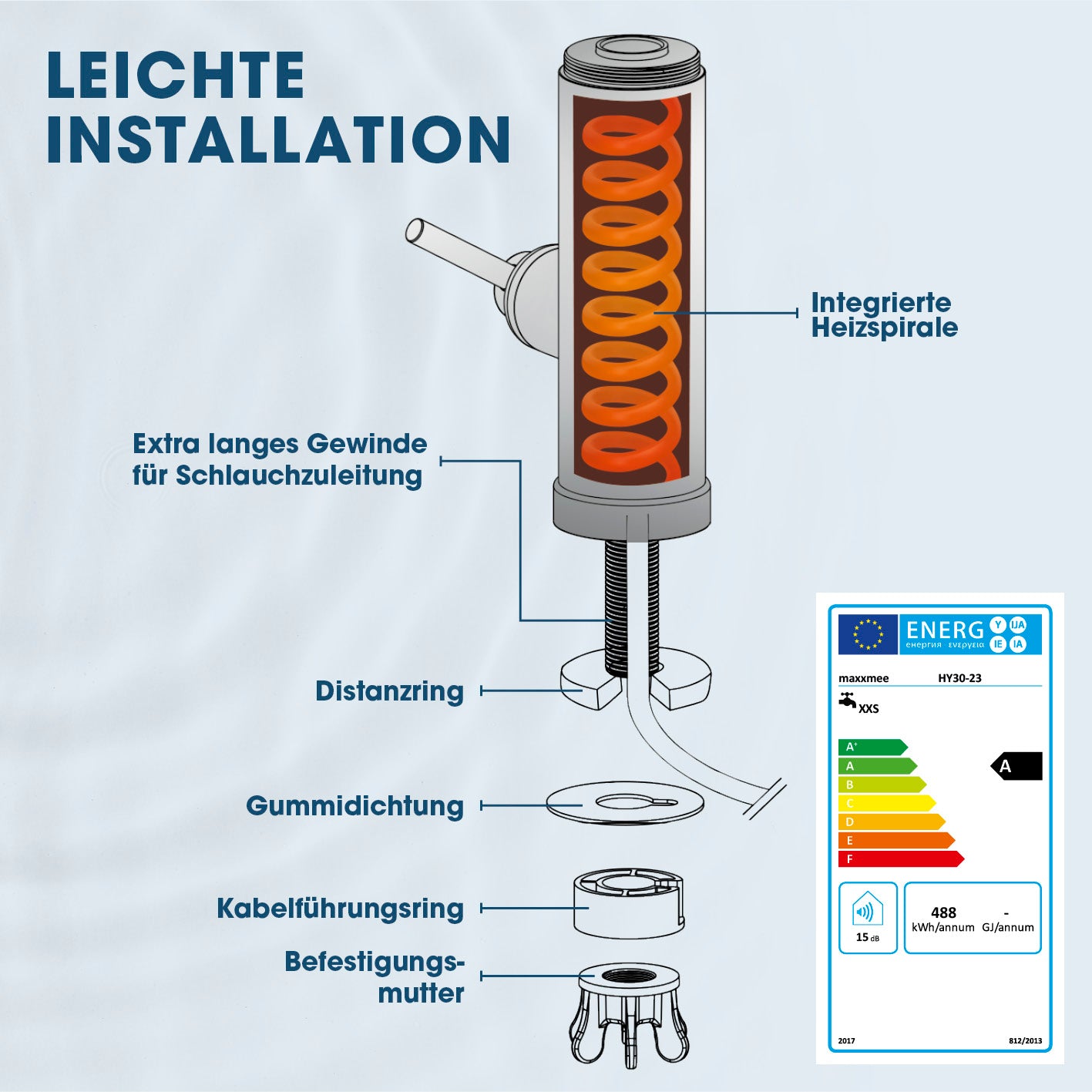 elektrische Edelstahl-Armatur mit integriertem Durchlauferhitzer und Heizspirale zur schnellen Warmwasserbereitung, einfache Installation