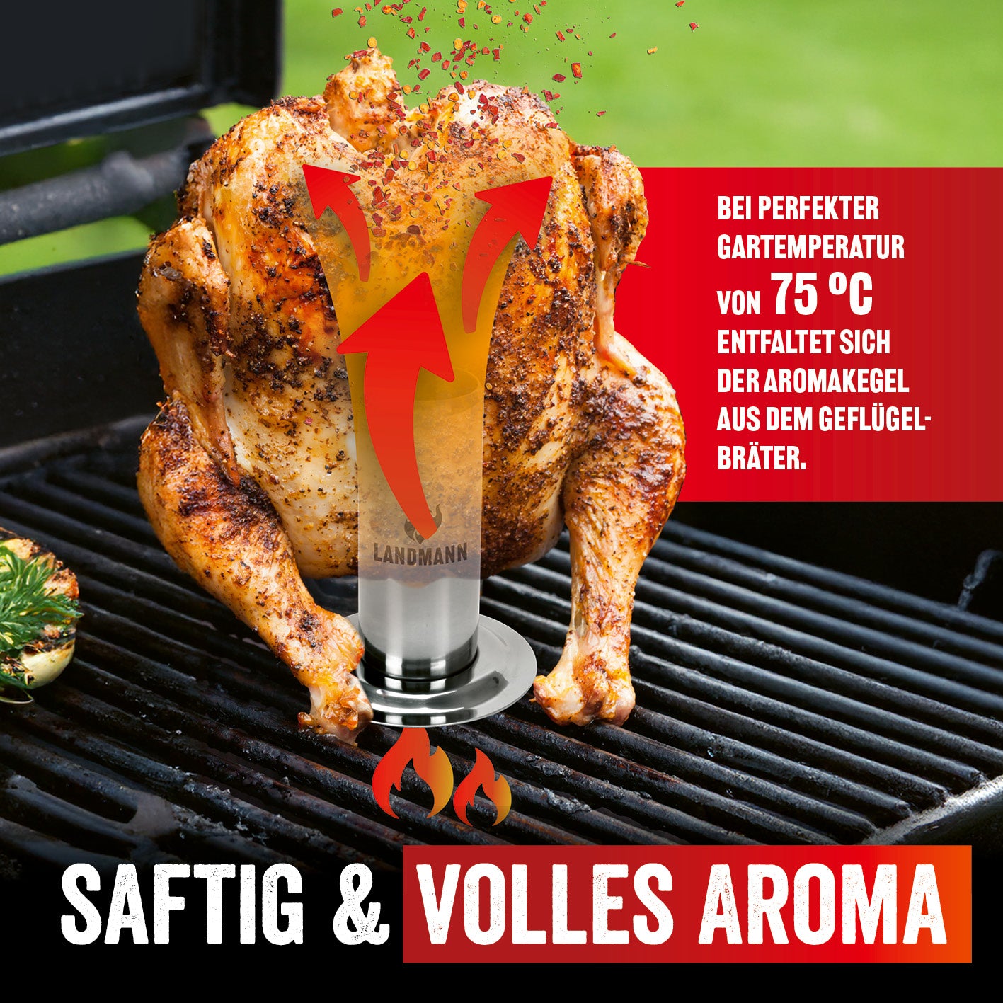 Selection Hähnchenhalter aus Edelstahl mit 250 ml Behälter zum Aromatisieren von Geflügel im Grill oder Backofen.