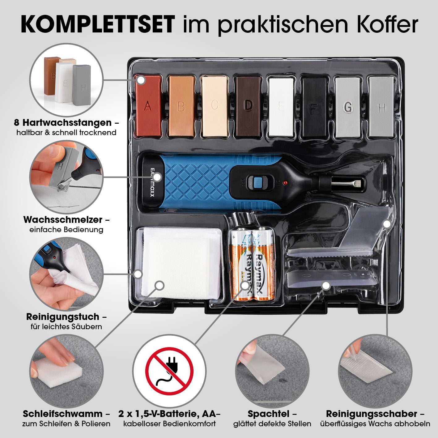 Reparaturset für Fliesen & Steinböden mit 8 Hartwachs­stangen, Wachsschmelzer, Spachtel und Zubehör im praktischen Komplettset.
