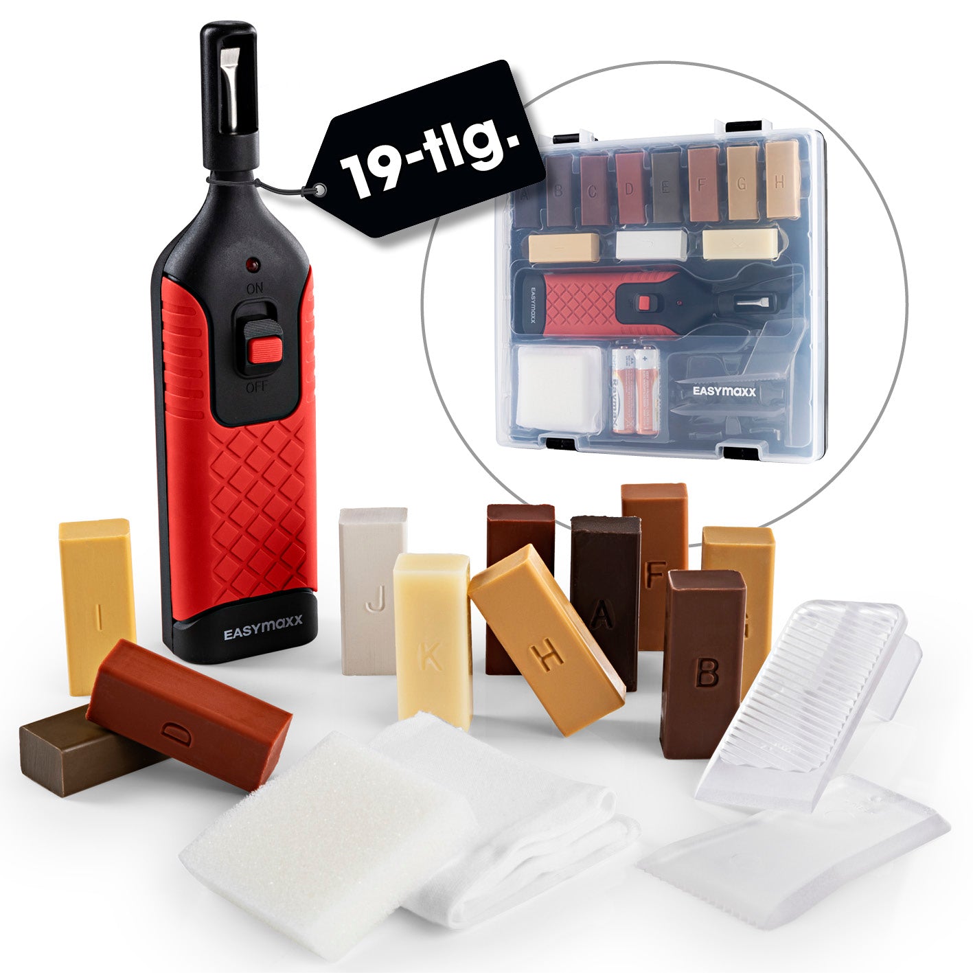 Reparaturset für Laminat & Parkett 19-tlg. mit Wachsschmelzer, 11 farbigen Holzwachsstangen & Zubehör zur Holzbodenreparatur.