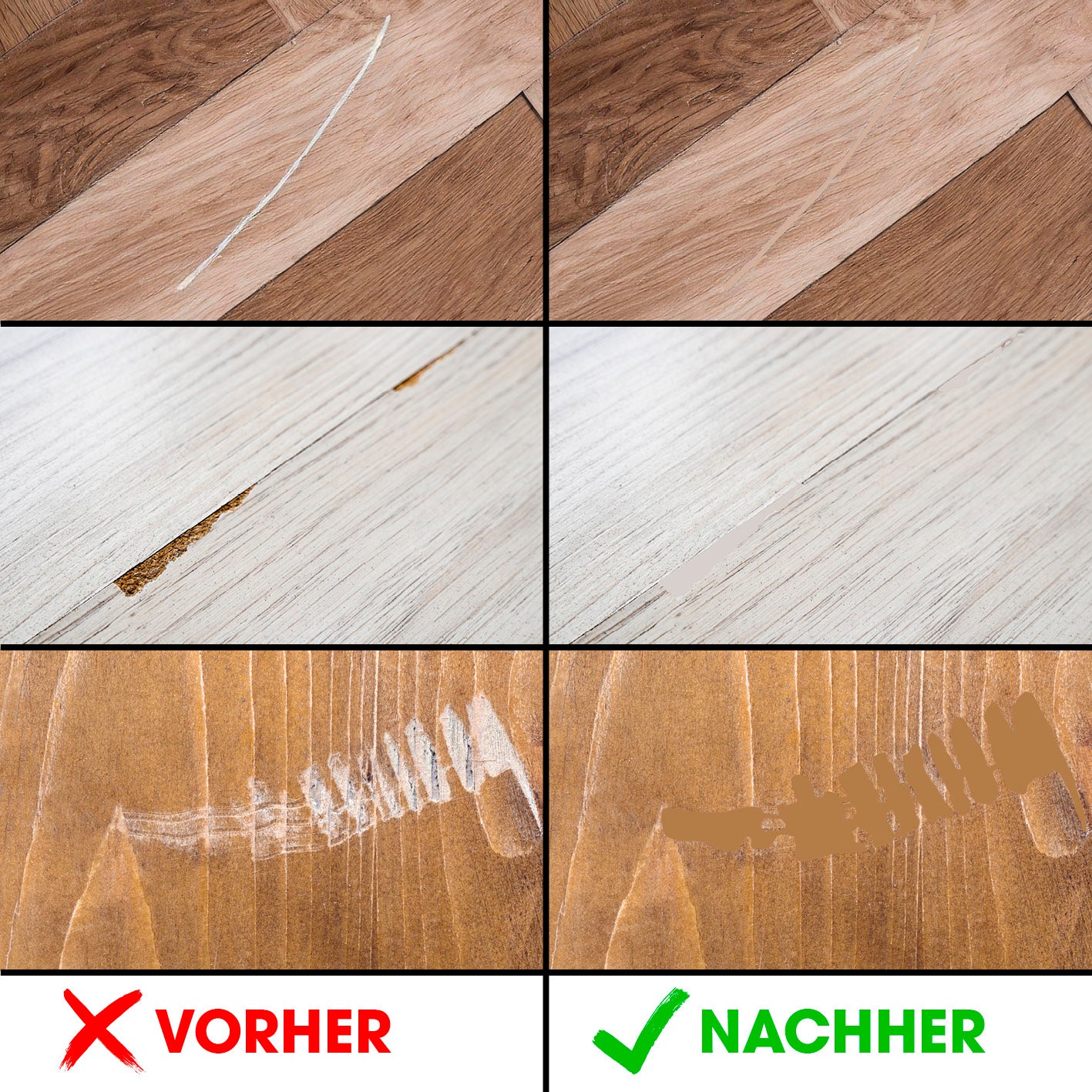 Reparaturset für Laminat & Parkett zeigt einfache Ausbesserung von Kratzern und Macken auf Holz- und Laminatböden vor und nach Anwendung.